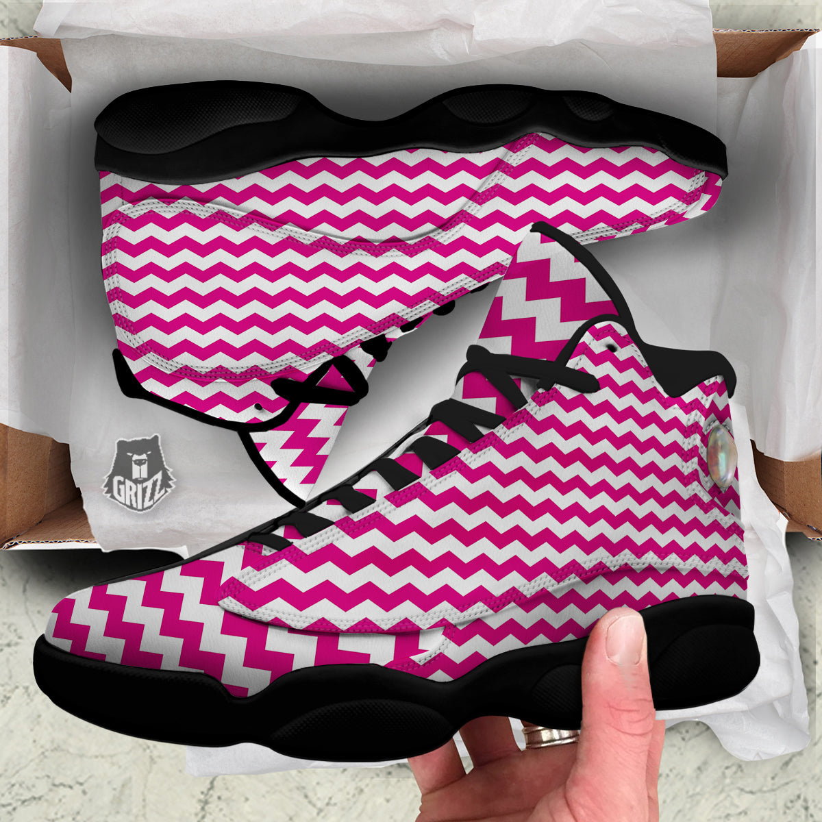 Zigzag Pink And White Print Pattern Black Basketball Shoes-grizzshop