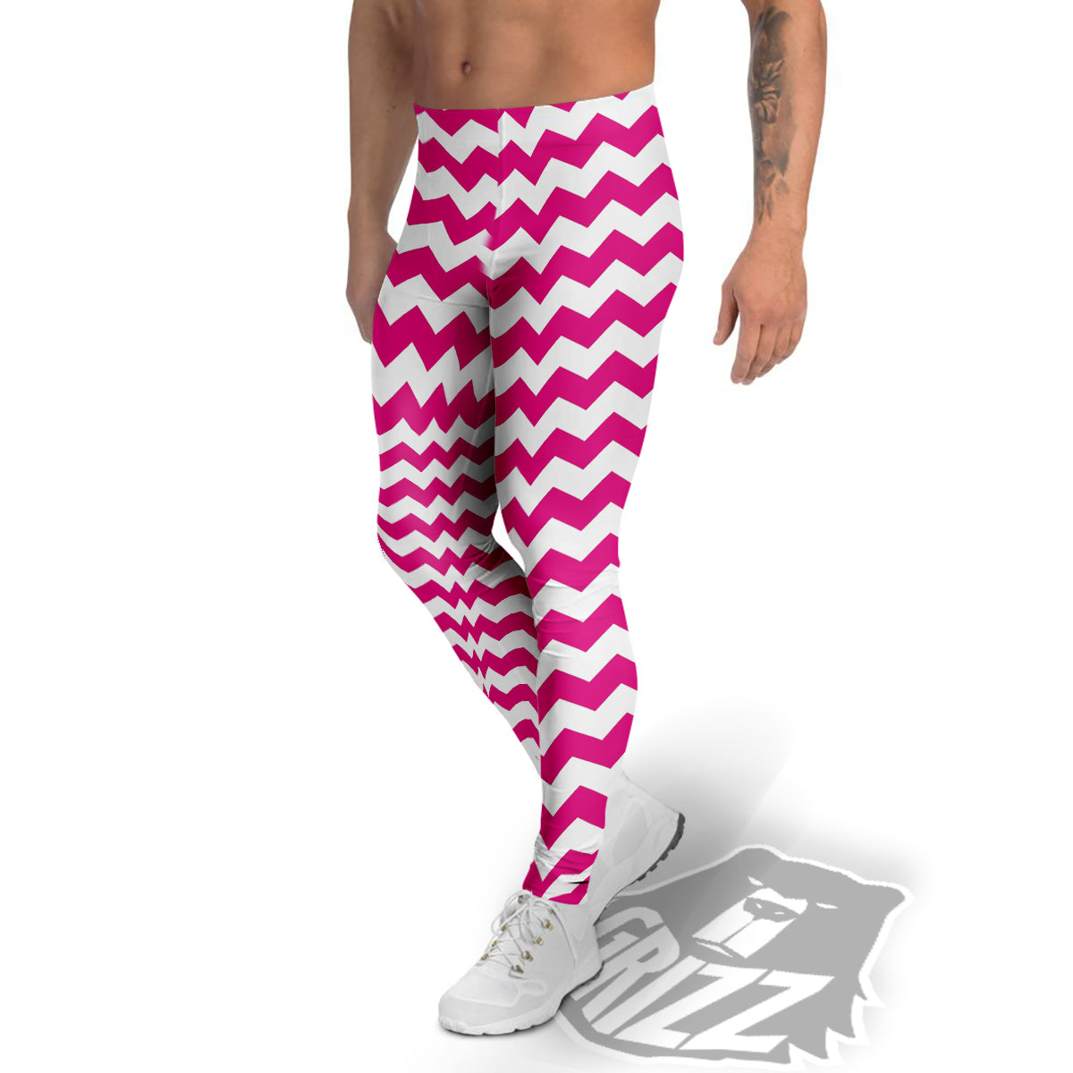 Zigzag Pink And White Print Pattern Men's Leggings-grizzshop