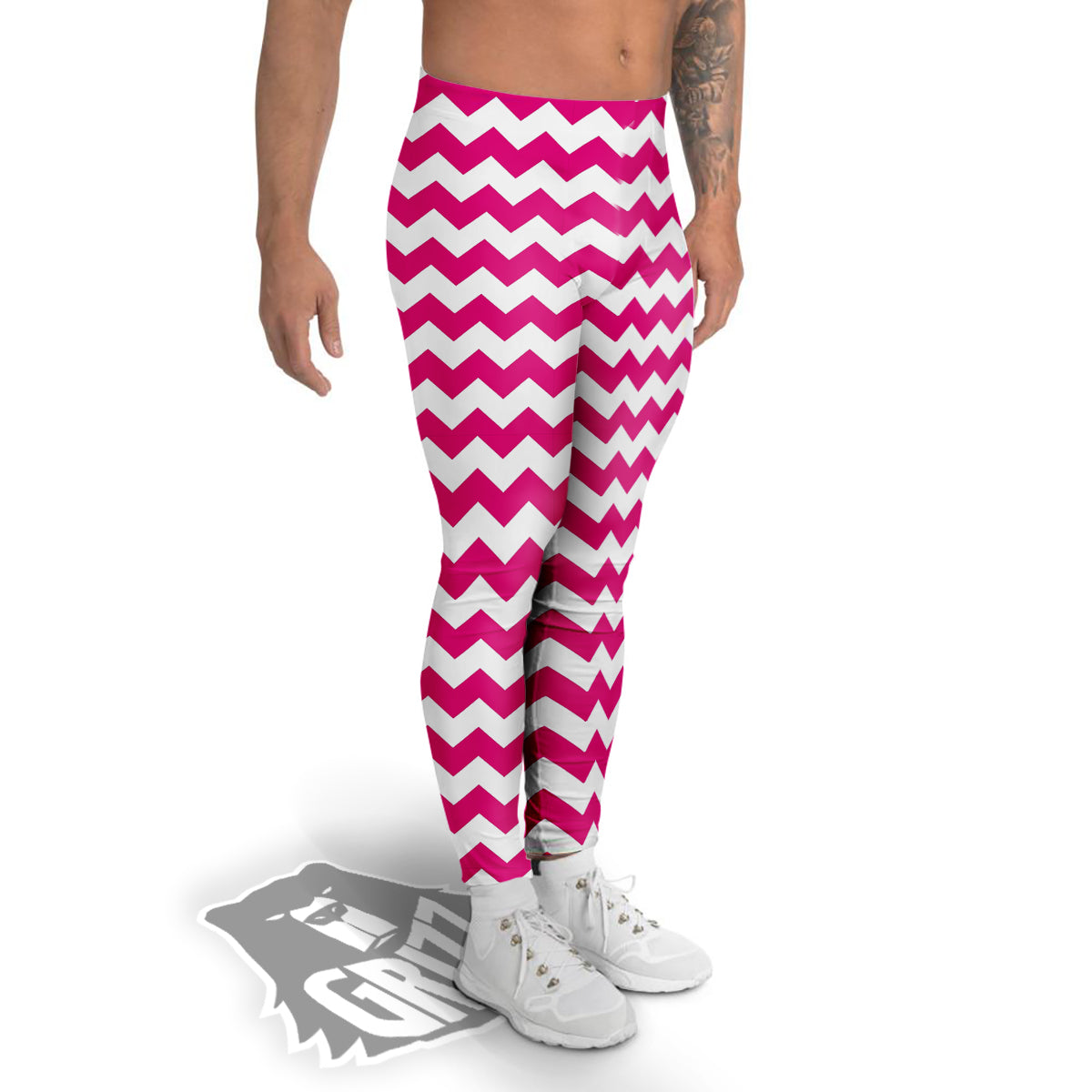 Zigzag Pink And White Print Pattern Men's Leggings-grizzshop