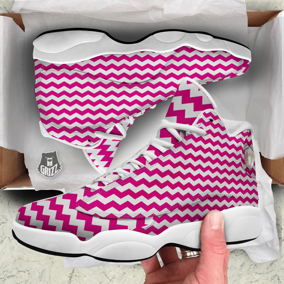 Zigzag Pink And White Print Pattern White Basketball Shoes-grizzshop