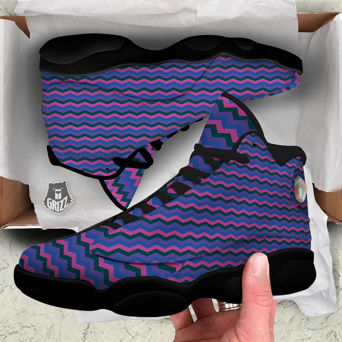 Zigzag Purple And Blue Print Pattern Black Basketball Shoes-grizzshop