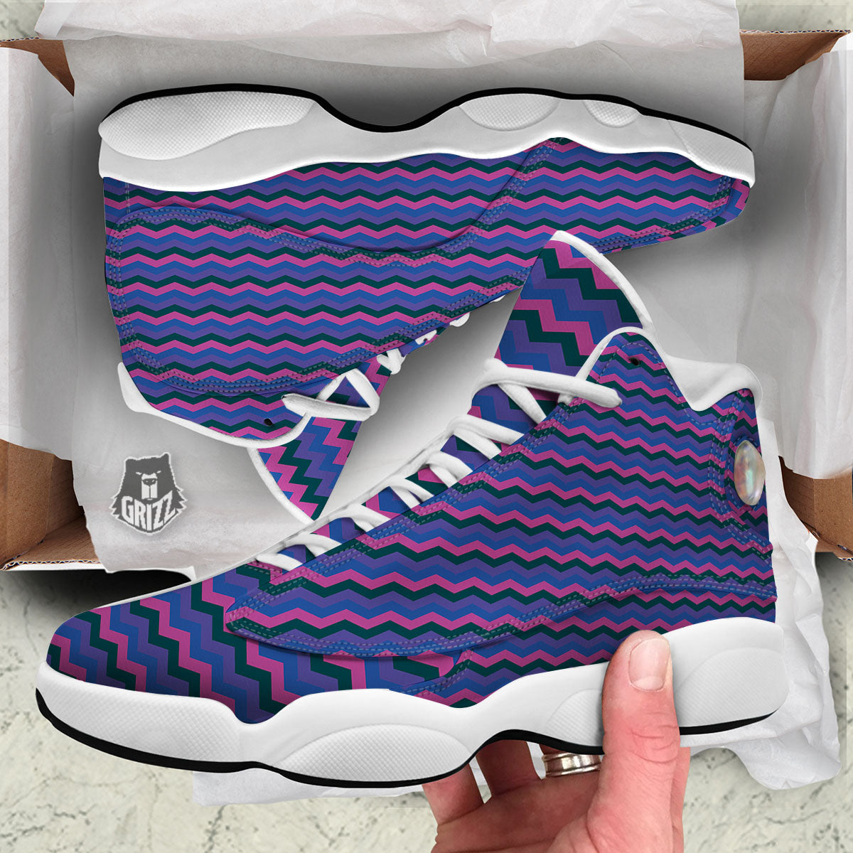 Zigzag Purple And Blue Print Pattern White Basketball Shoes-grizzshop
