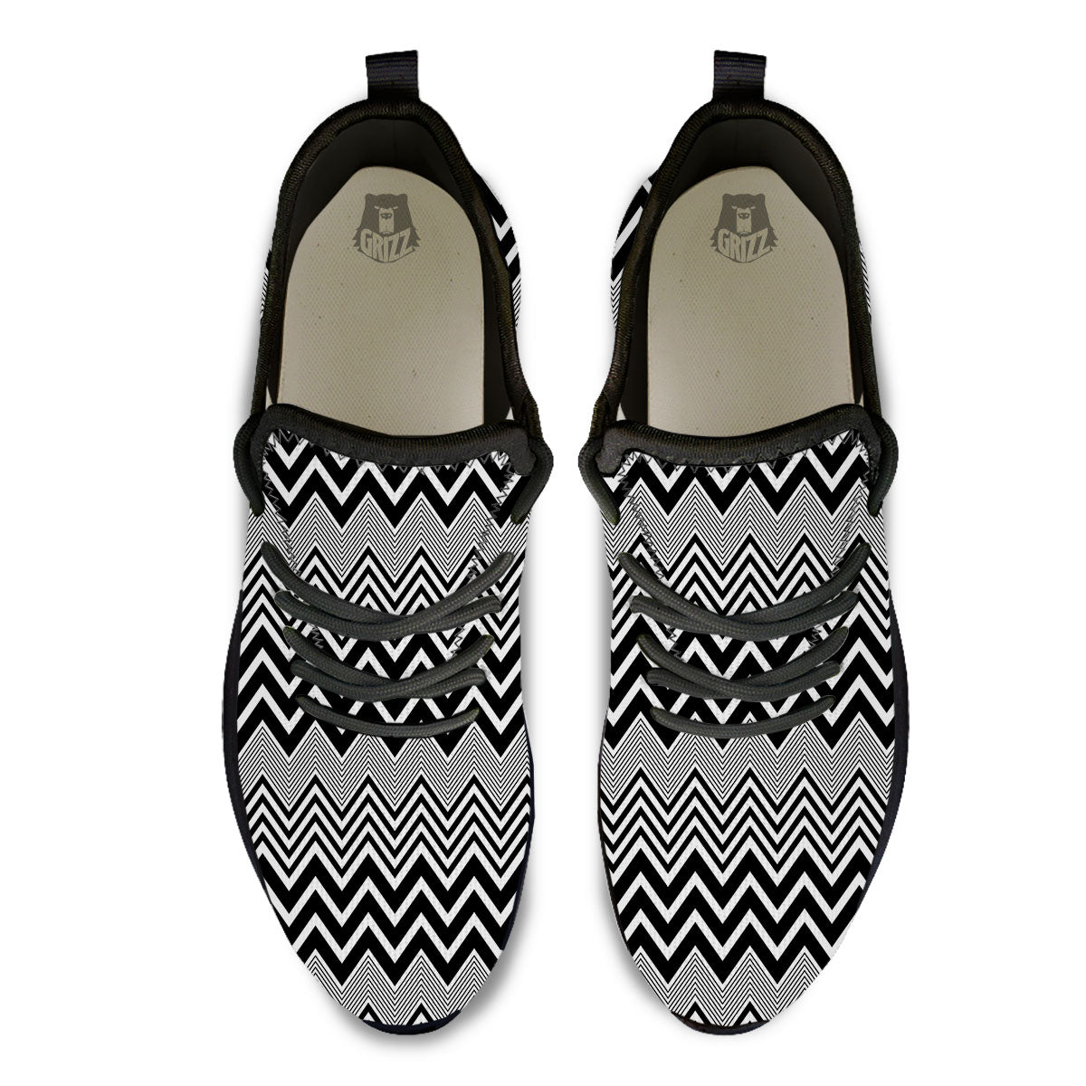 Zigzag White And Black Print Pattern Black Athletic Shoes-grizzshop