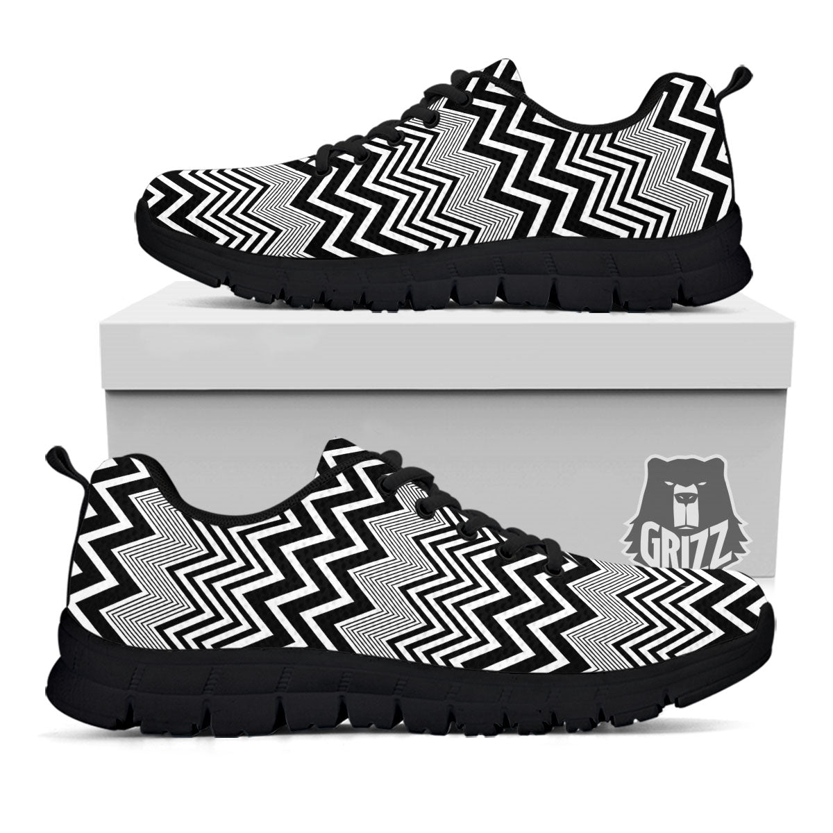 Zigzag White And Black Print Pattern Black Sneaker-grizzshop