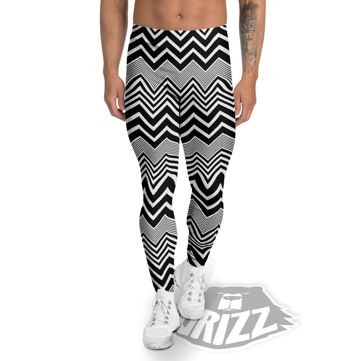 Zigzag White And Black Print Pattern Men's Leggings-grizzshop