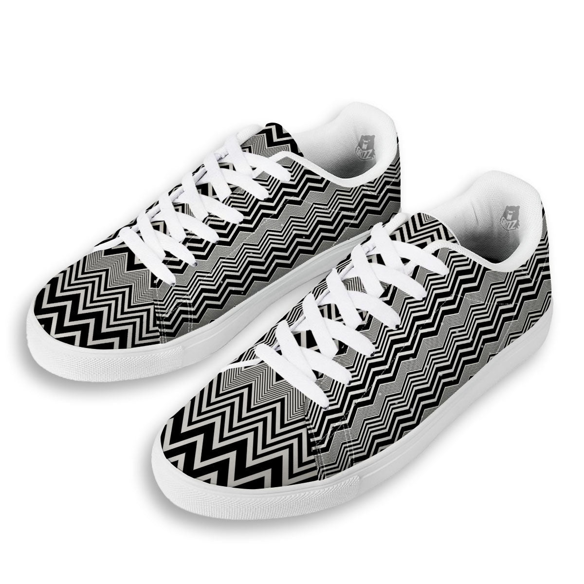 Zigzag White And Black Print Pattern White Low Top Sneakers-grizzshop