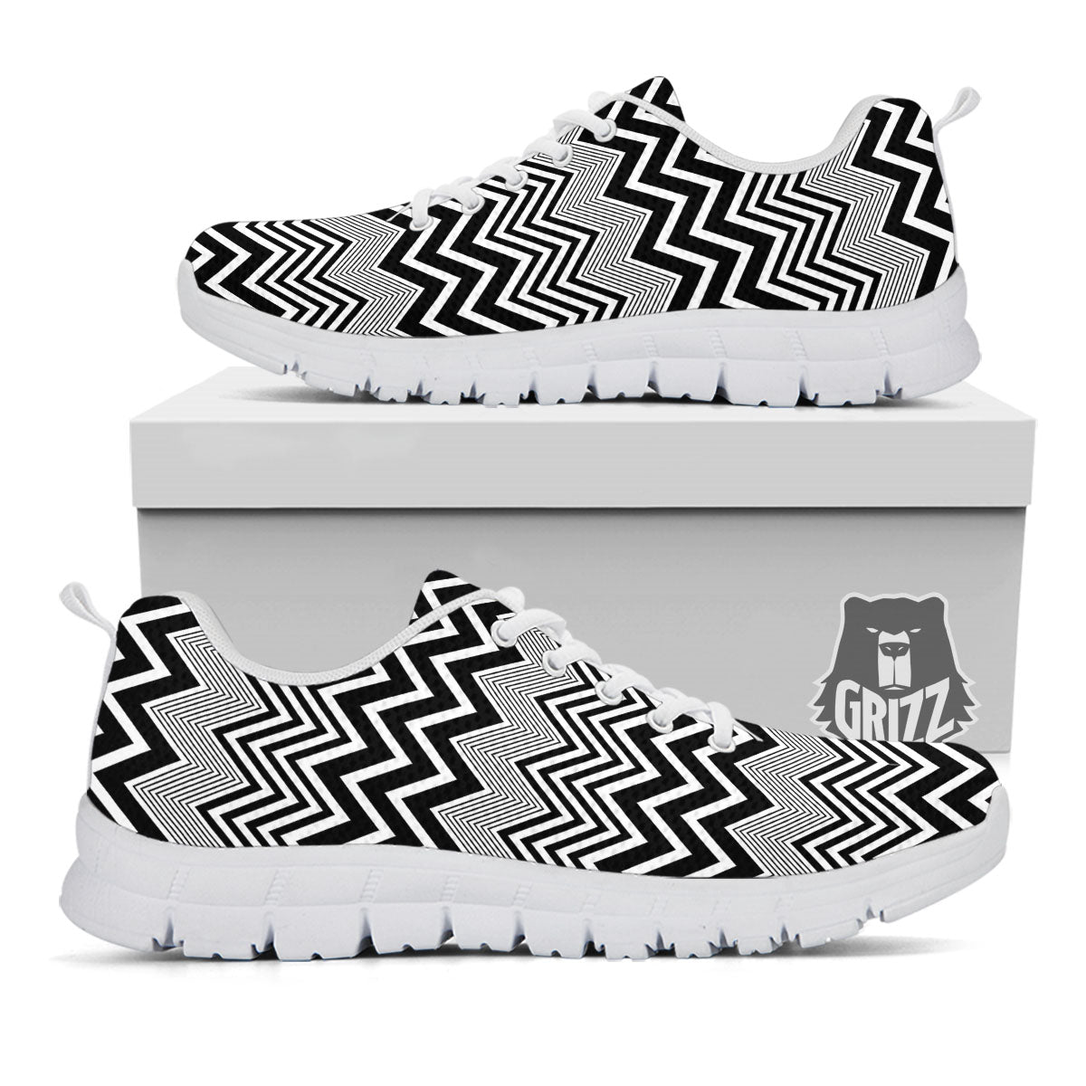 Zigzag White And Black Print Pattern White Sneaker-grizzshop