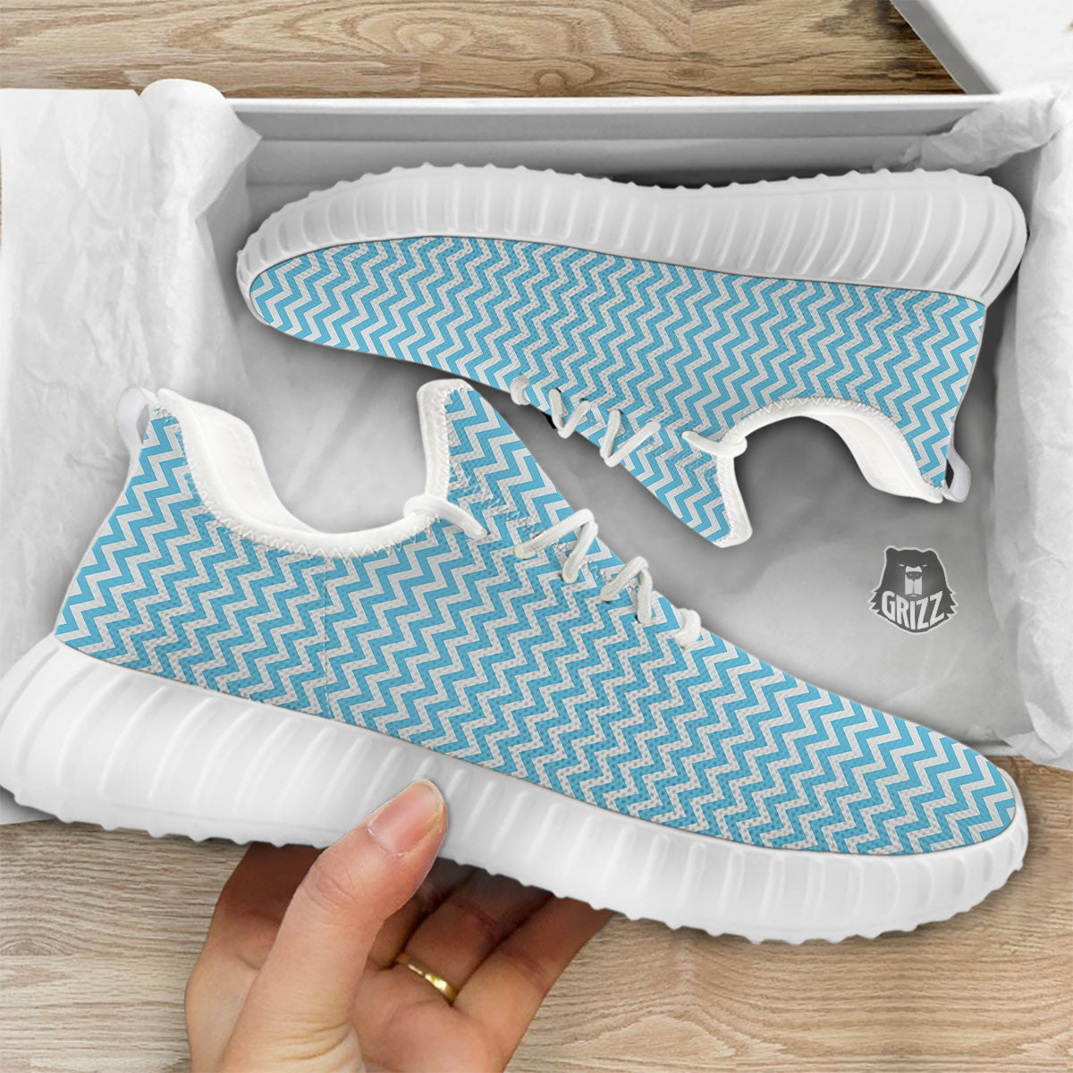 Zigzag White And Blue Print Pattern White Walking Shoes-grizzshop