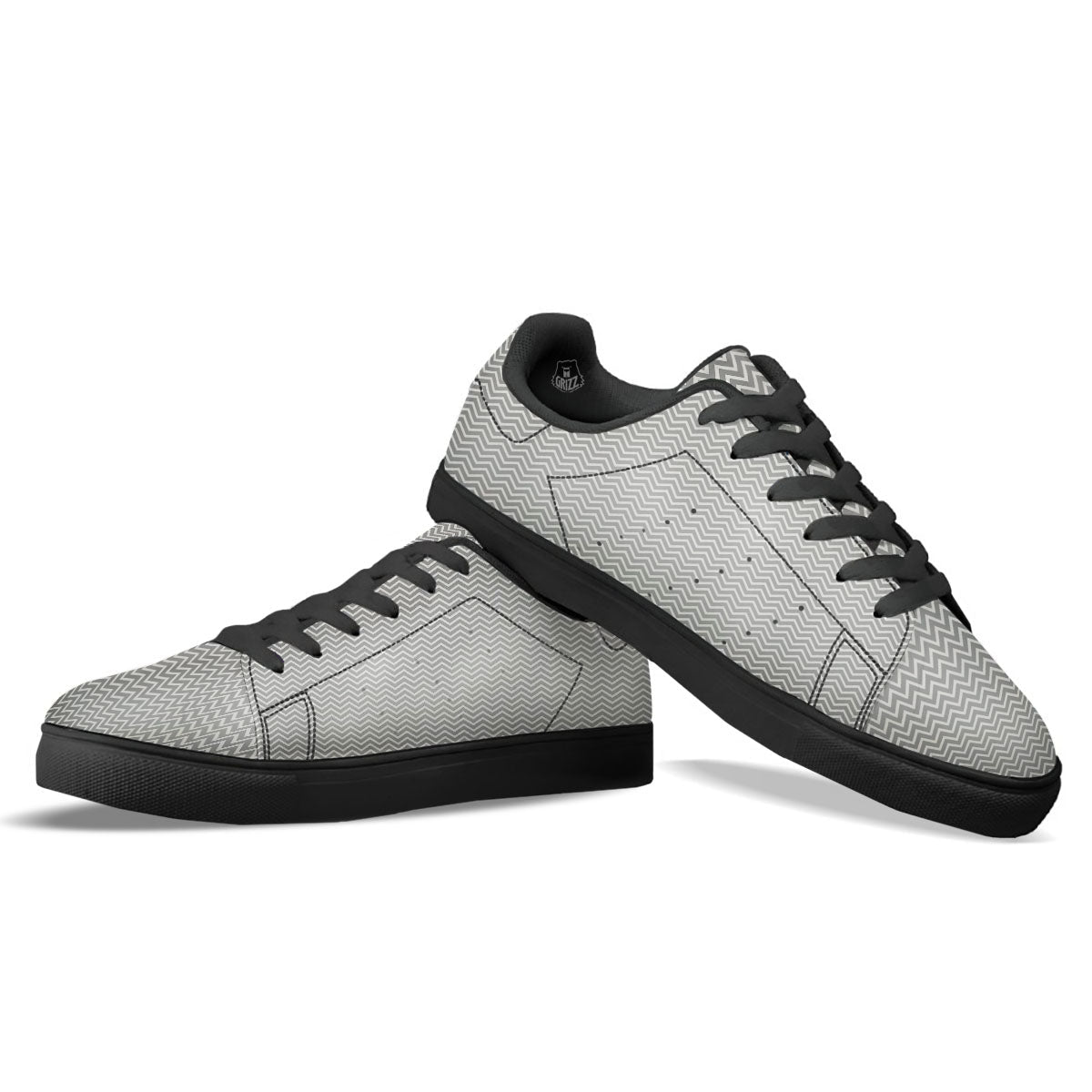 Zigzag White And Grey Print Pattern Black Low Top Sneakers-grizzshop