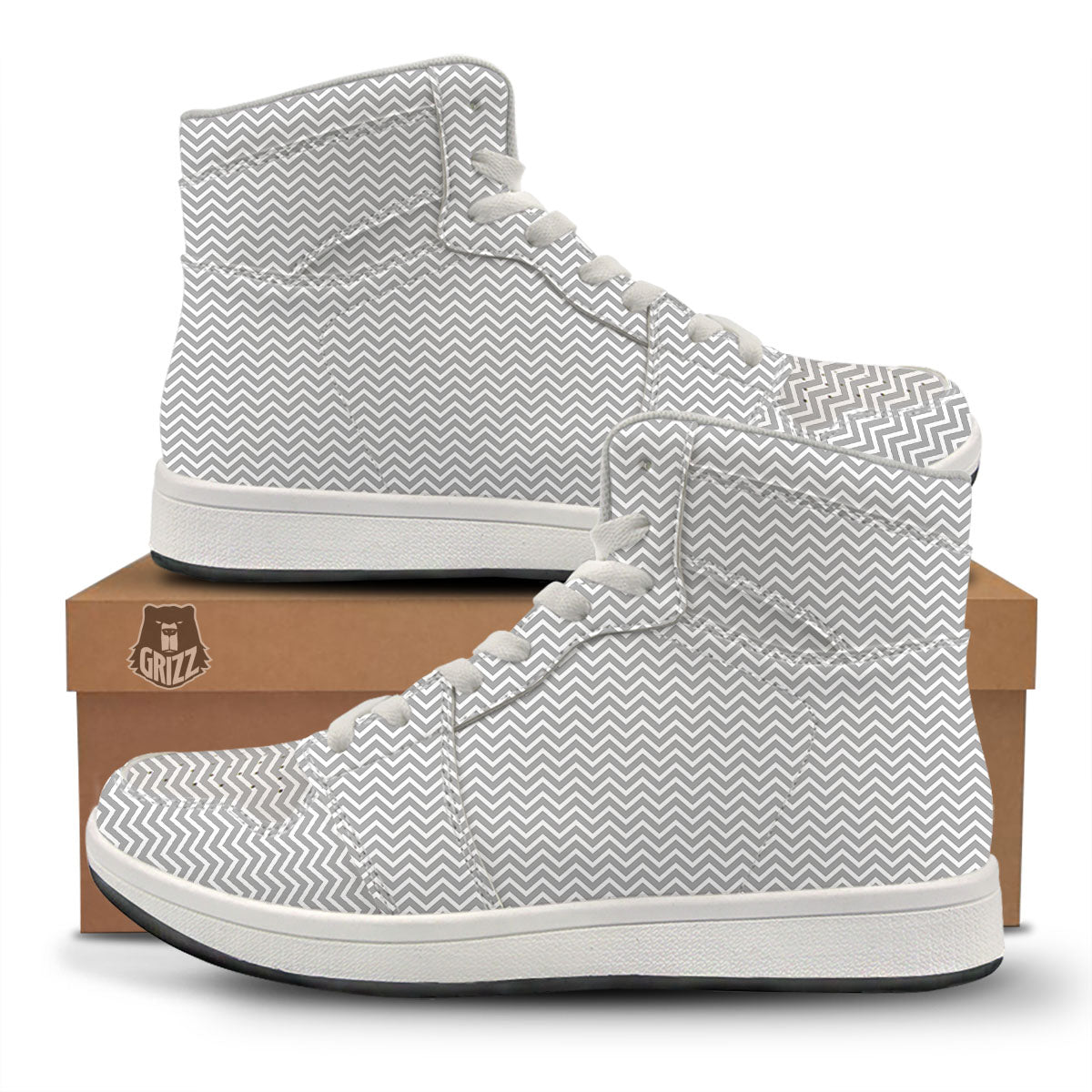 Zigzag White And Grey Print Pattern High Top Sneakers-grizzshop