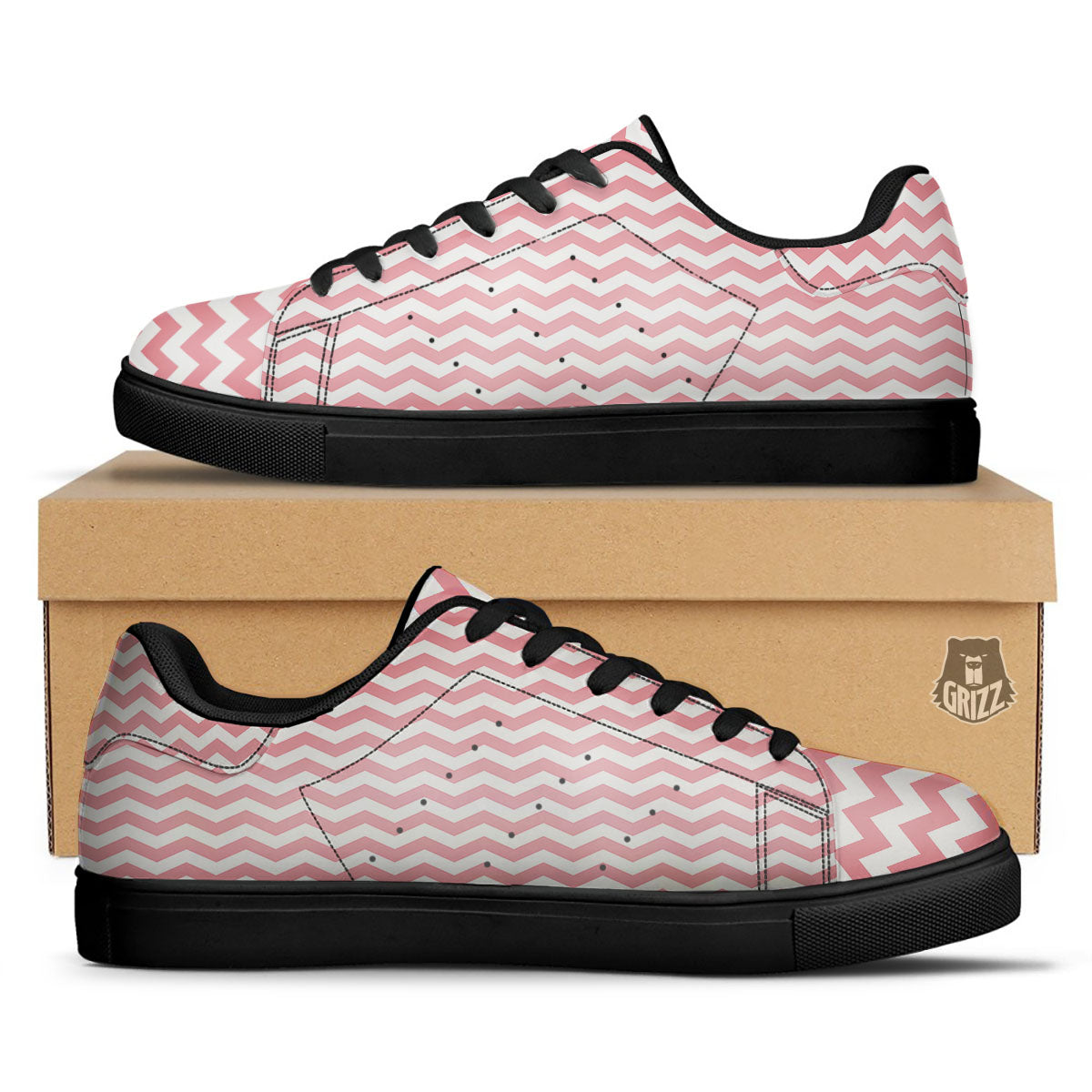 Zigzag White And Pink Print Pattern Black Low Top Sneakers-grizzshop