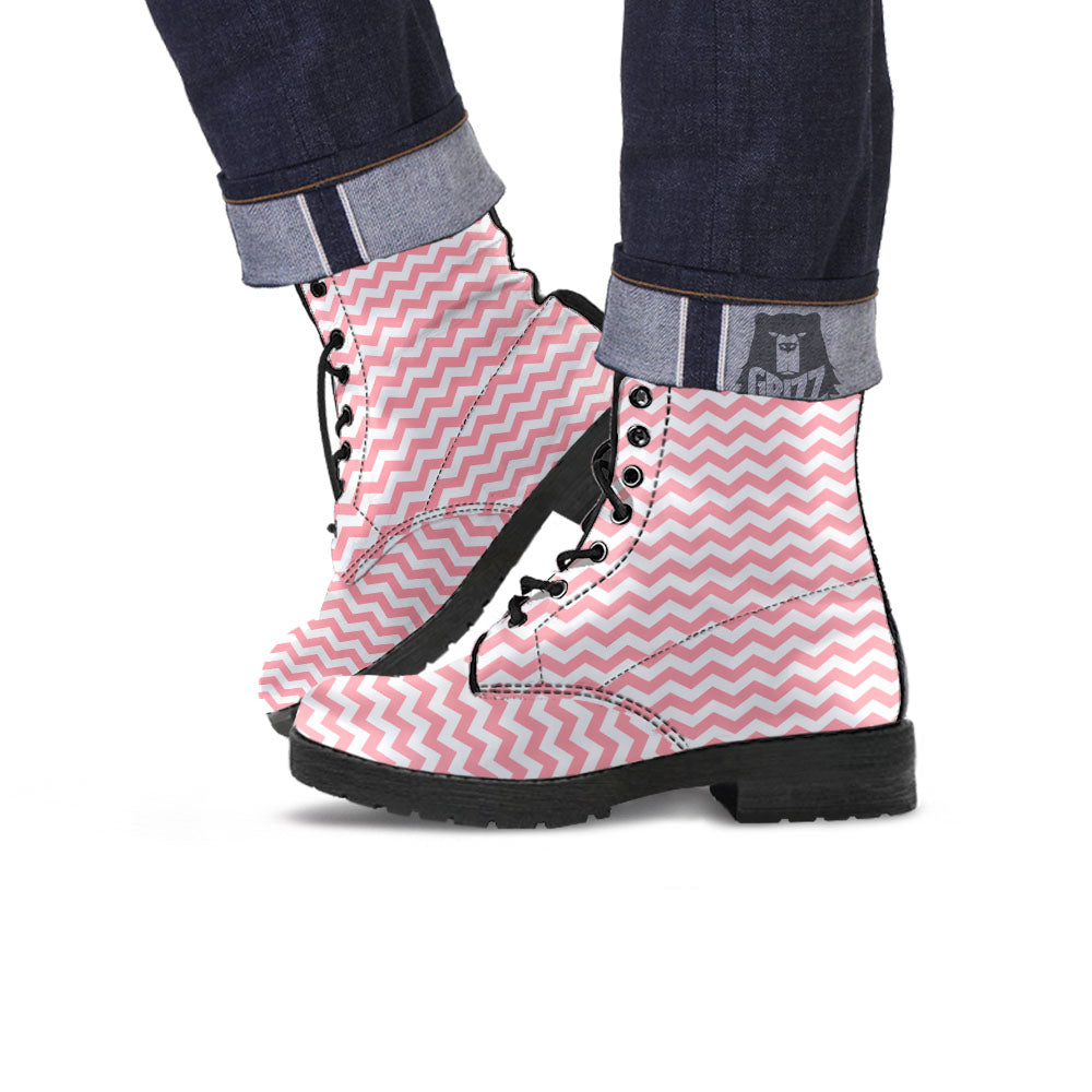 Zigzag White And Pink Print Pattern Leather Boots-grizzshop