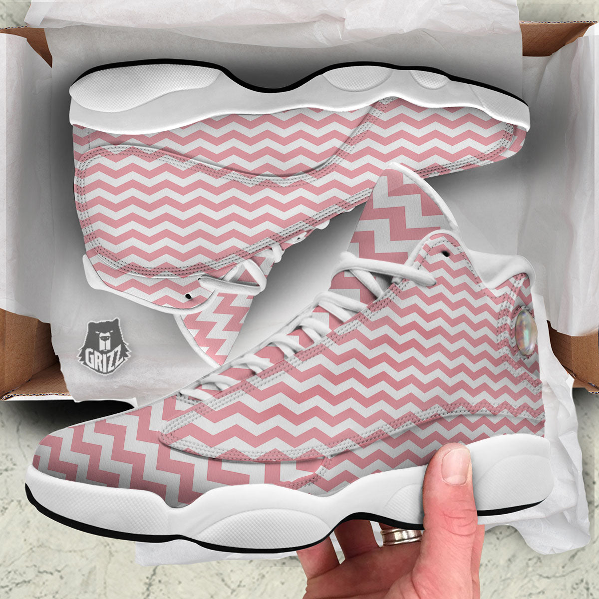 Zigzag White And Pink Print Pattern White Basketball Shoes-grizzshop