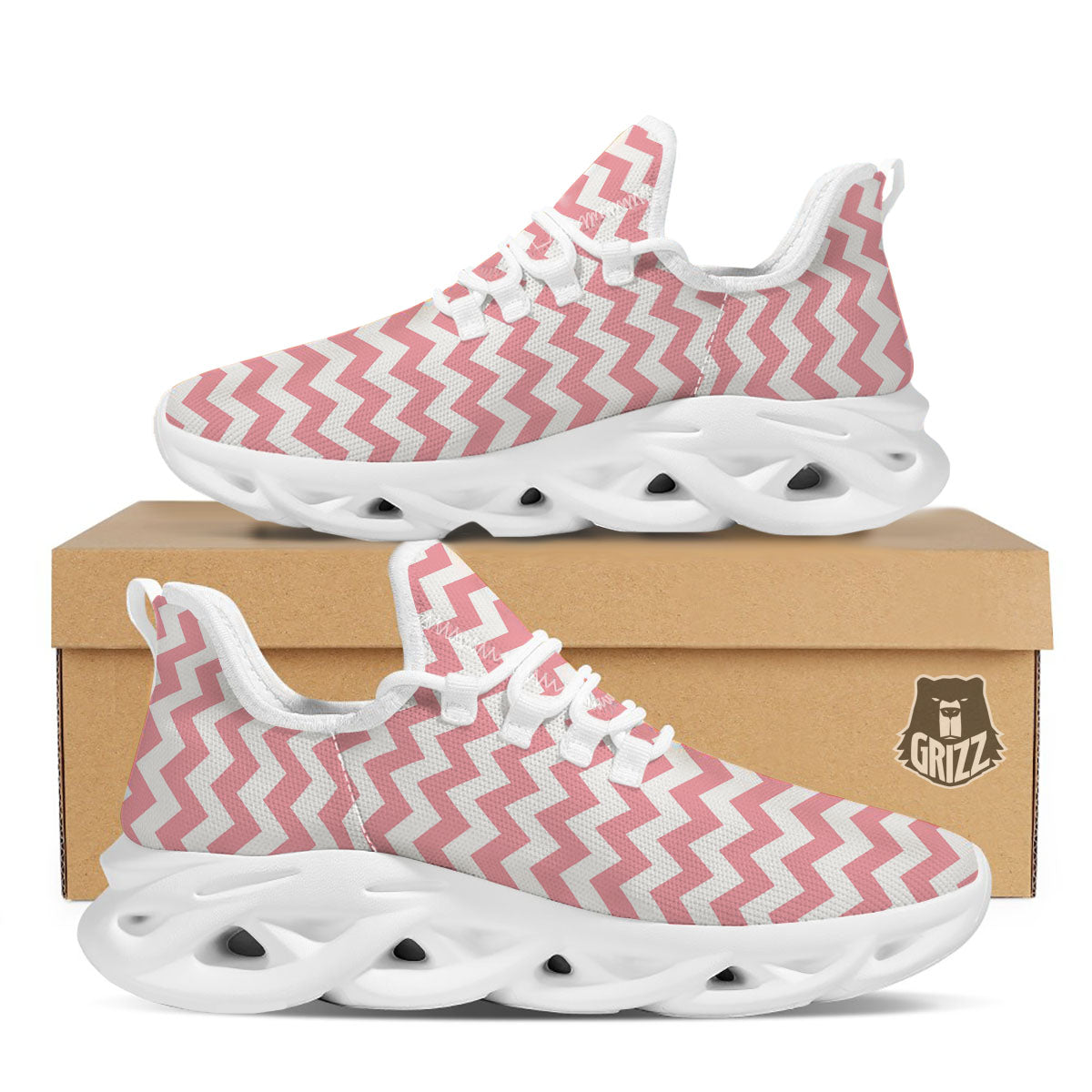 Zigzag White And Pink Print Pattern White Running Shoes
