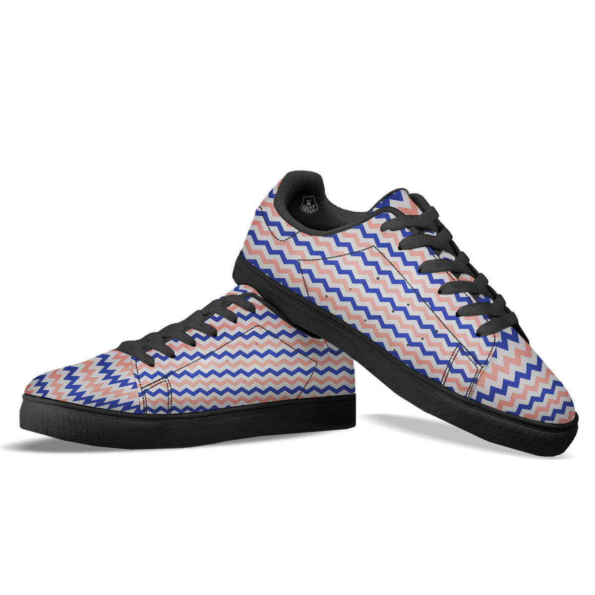 Zigzag White Pink And Navy Print Pattern Black Low Top Sneakers-grizzshop