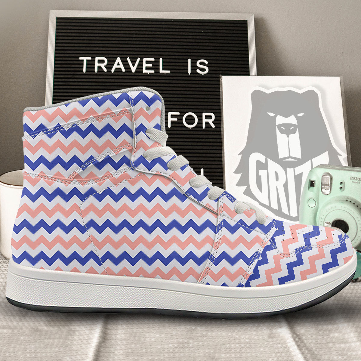 Zigzag White Pink And Navy Print Pattern High Top Sneakers-grizzshop