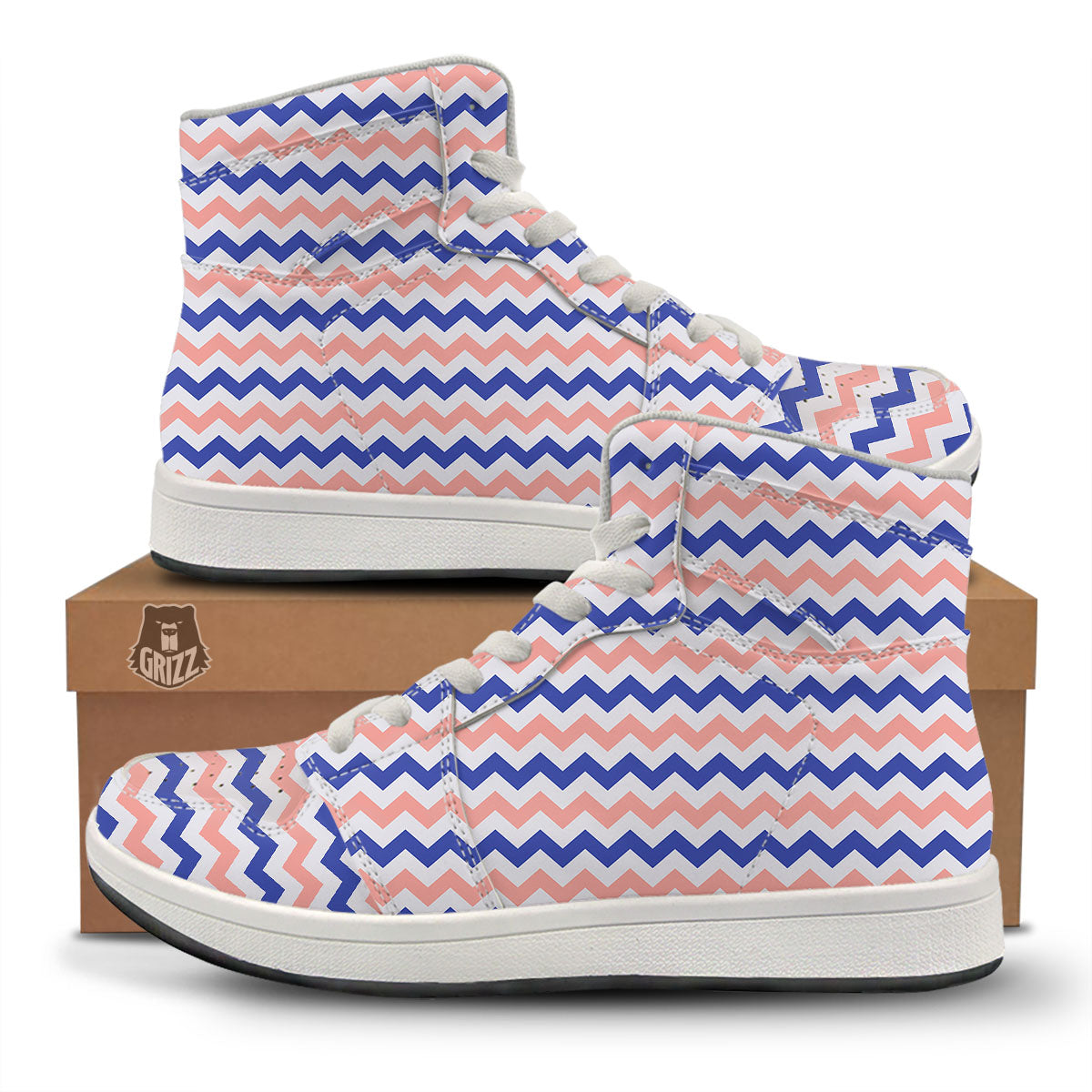 Zigzag White Pink And Navy Print Pattern High Top Sneakers-grizzshop
