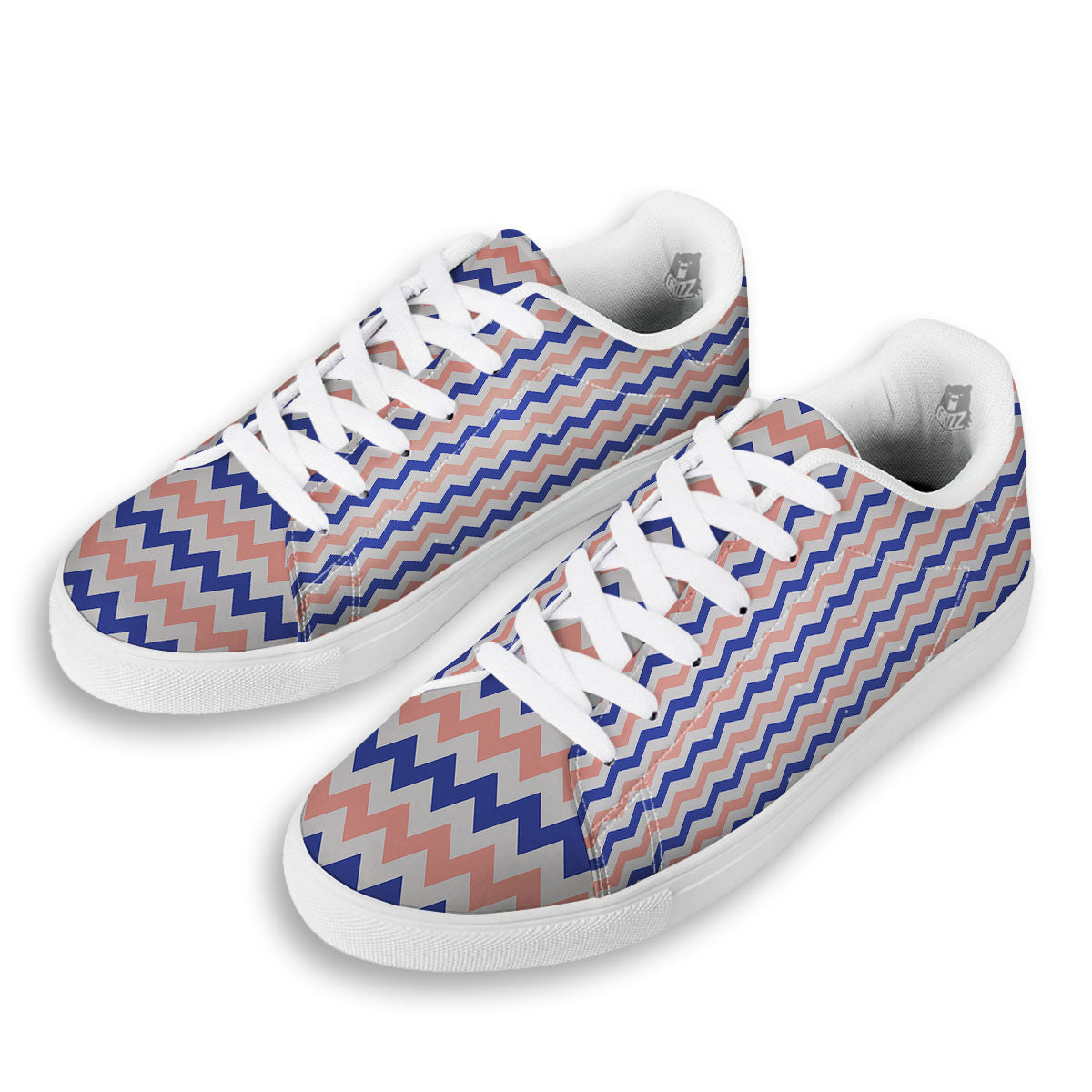 Zigzag White Pink And Navy Print Pattern White Low Top Sneakers-grizzshop