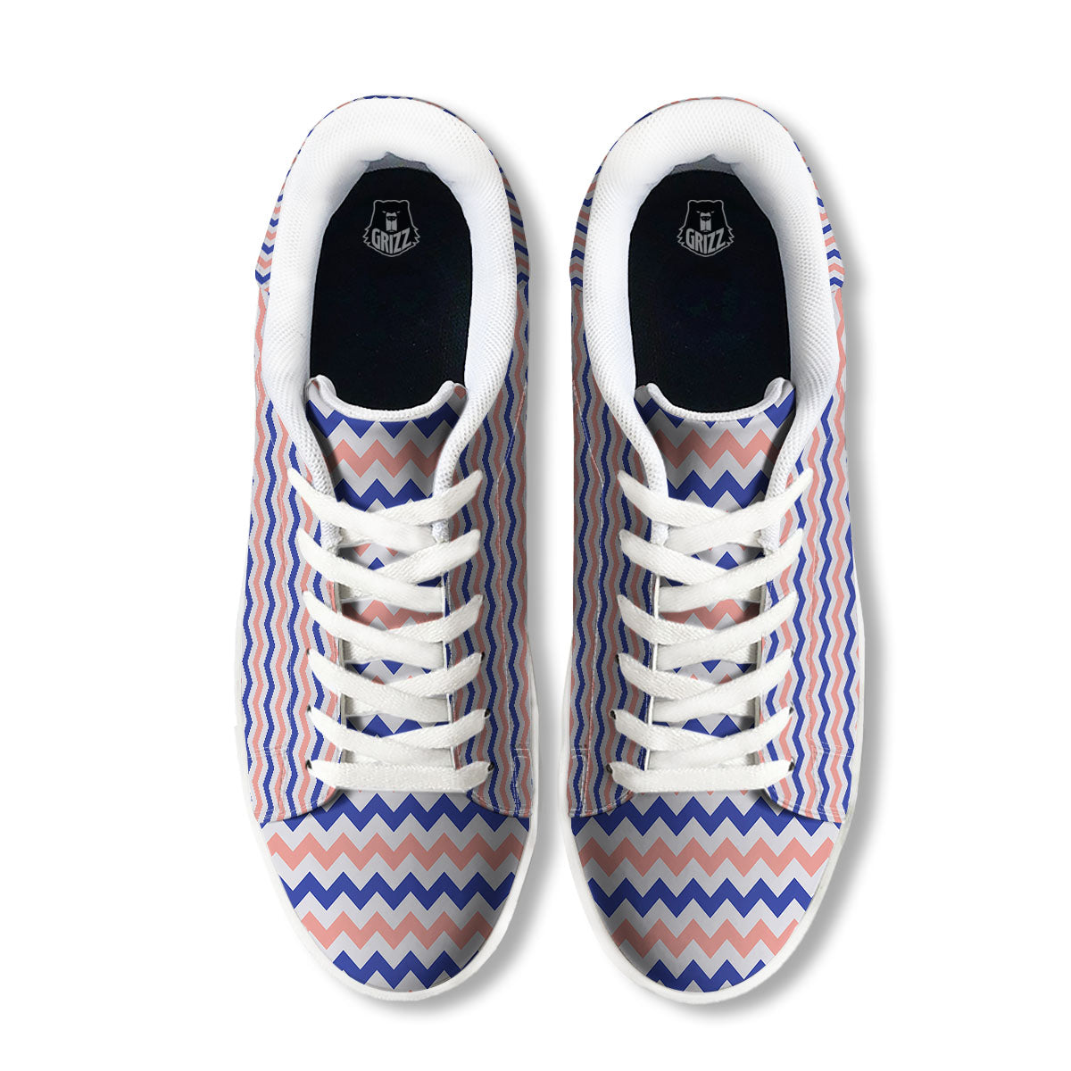 Zigzag White Pink And Navy Print Pattern White Low Top Sneakers-grizzshop