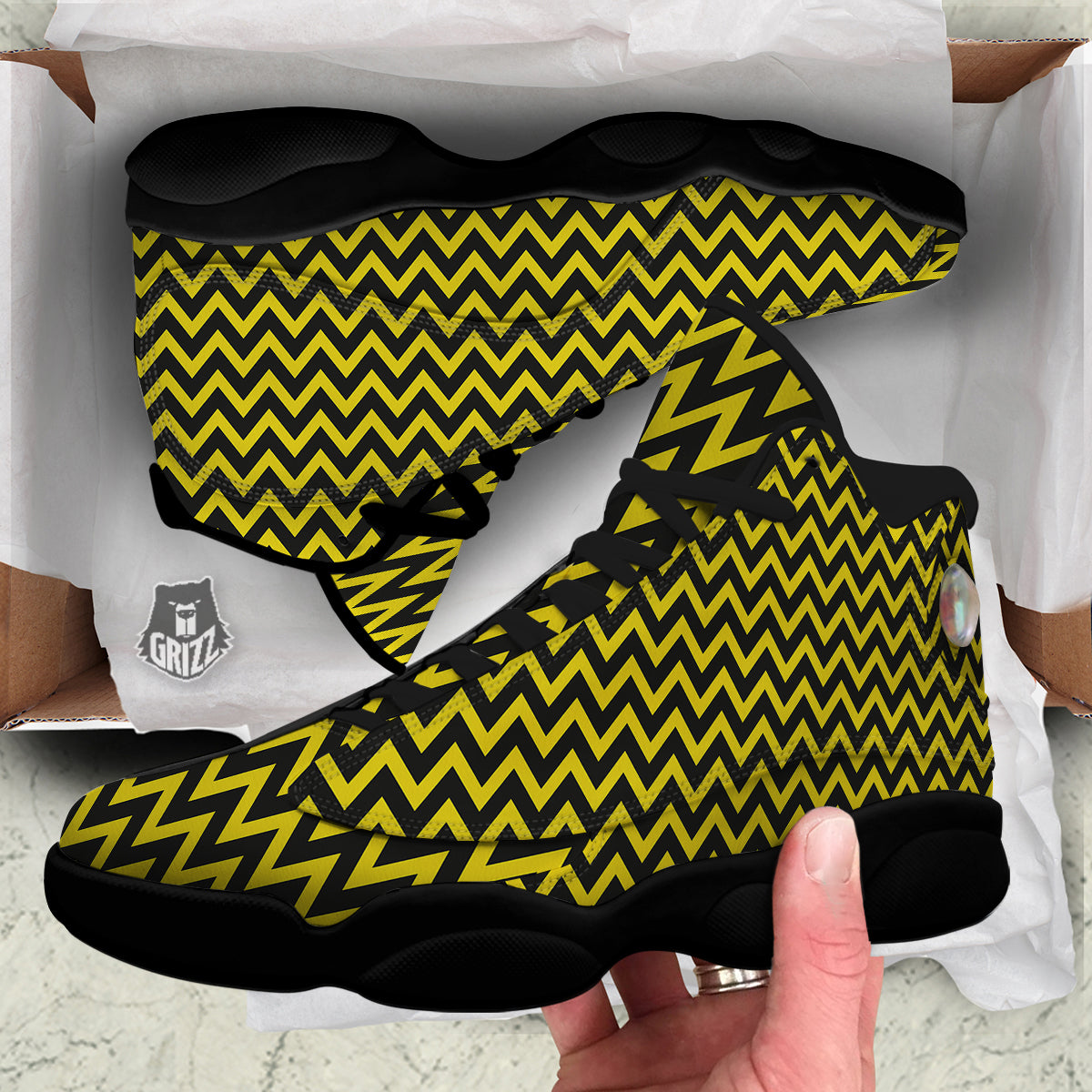 Zigzag Yellow And Black Print Pattern Black Basketball Shoes-grizzshop