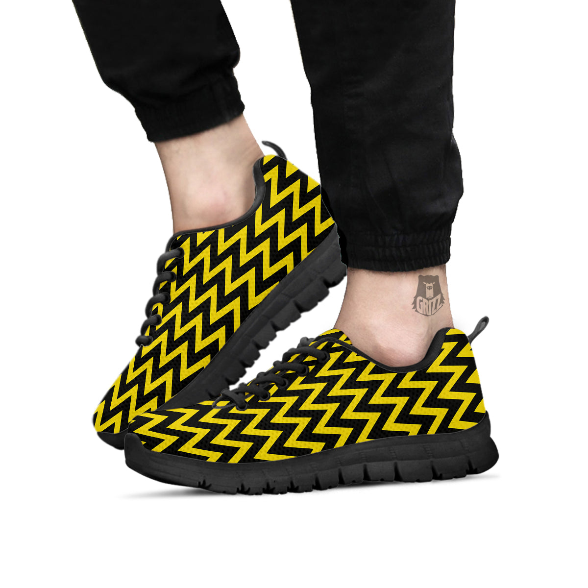 Zigzag Yellow And Black Print Pattern Black Sneaker-grizzshop