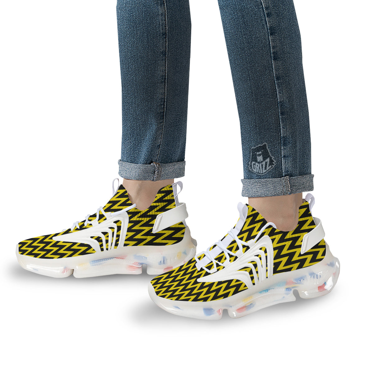 Zigzag Yellow And Black Print Pattern White Gym Shoes-grizzshop