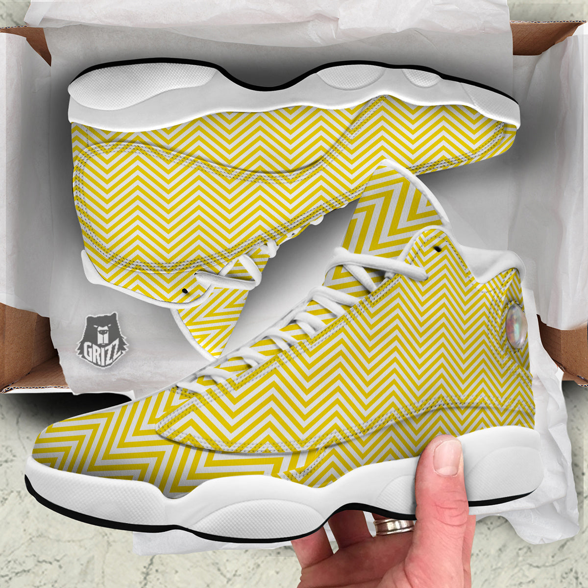 Zigzag Yellow And White Print Pattern White Basketball Shoes-grizzshop