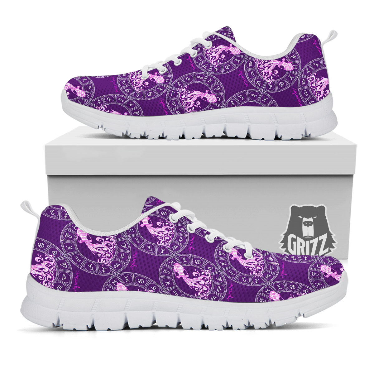 Zodiac Aquarius Purple Print Pattern White Sneaker-grizzshop