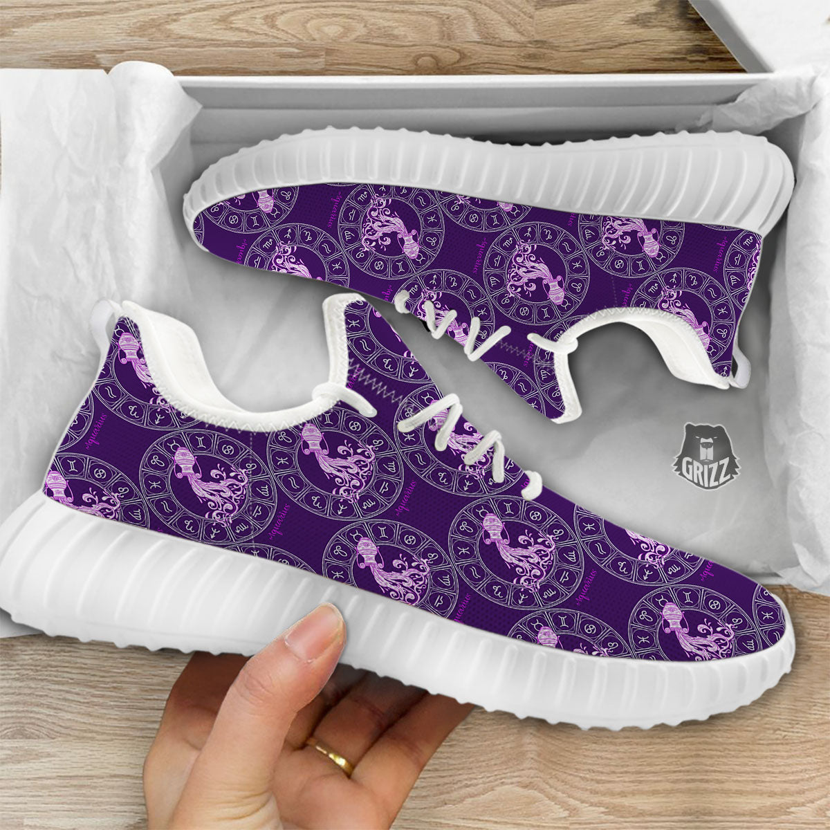 Zodiac Aquarius Purple Print Pattern White Walking Shoes-grizzshop