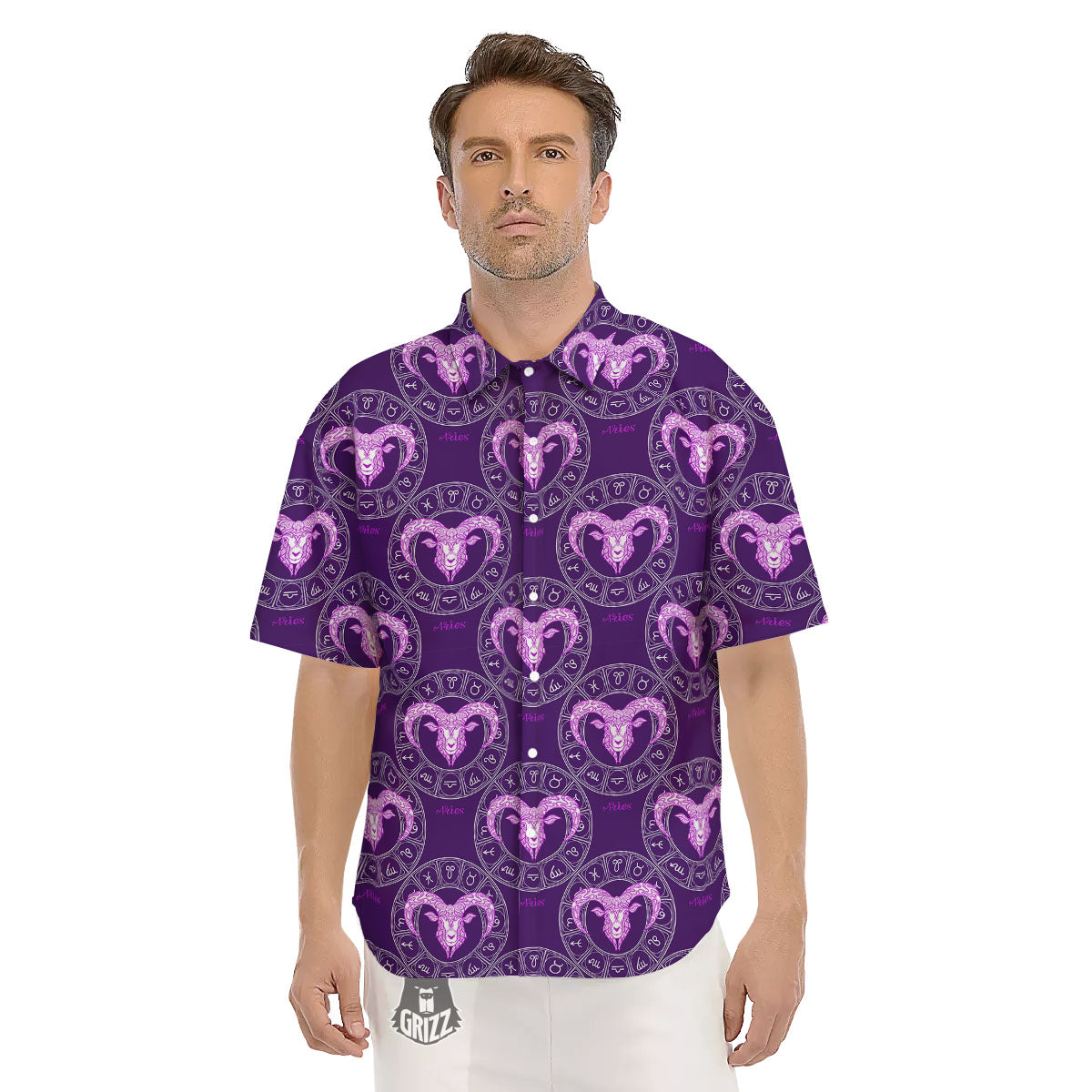 Zodiac Aries Purple Print Pattern Men's Short Sleeve Shirts-grizzshop