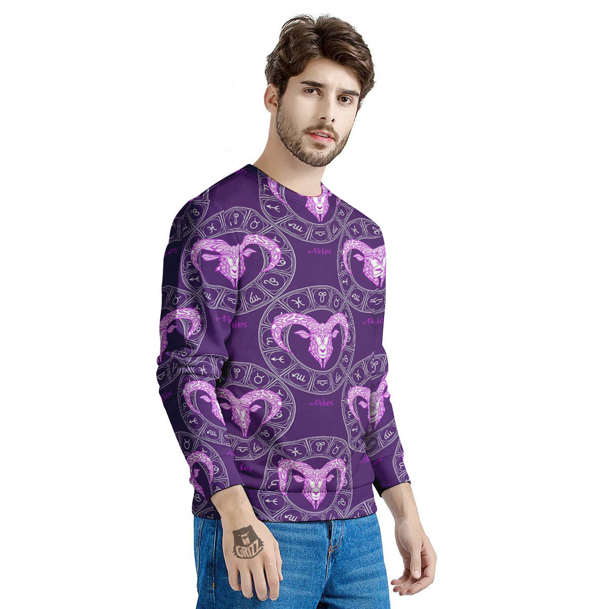 Zodiac Aries Purple Print Pattern Men's Sweatshirt-grizzshop