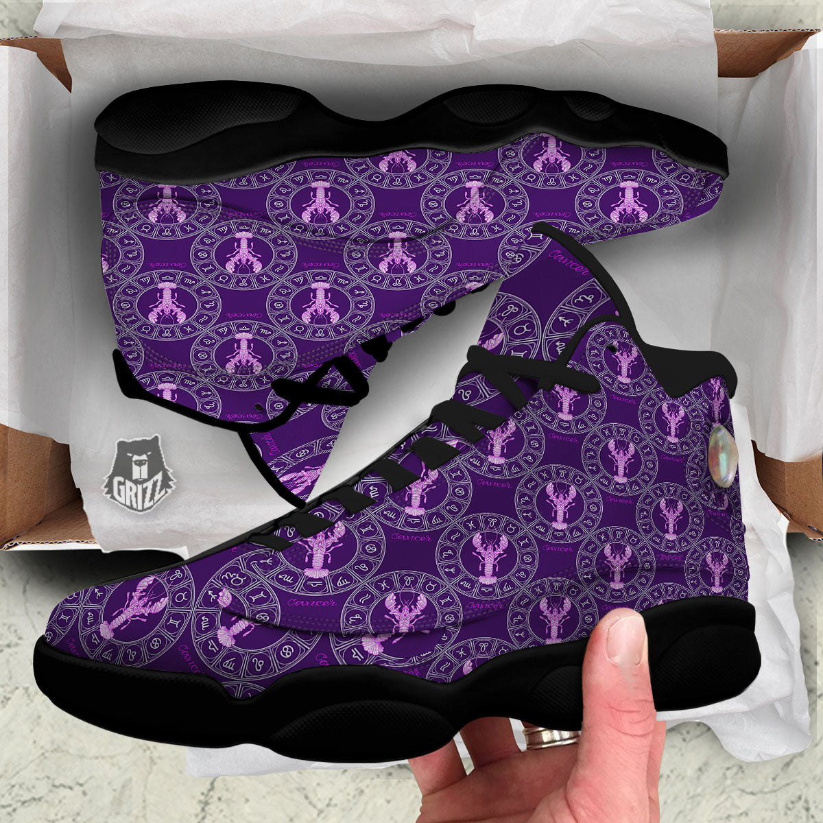 Zodiac Cancer Purple Print Pattern Black Basketball Shoes-grizzshop