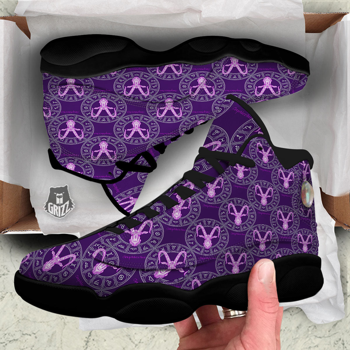 Zodiac Capricorn Purple Print Pattern Black Basketball Shoes-grizzshop