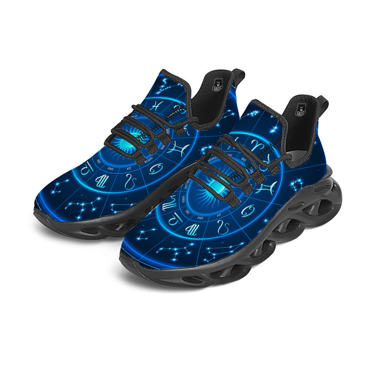 Zodiac Circle Blue Light Print Black Running Shoes-grizzshop