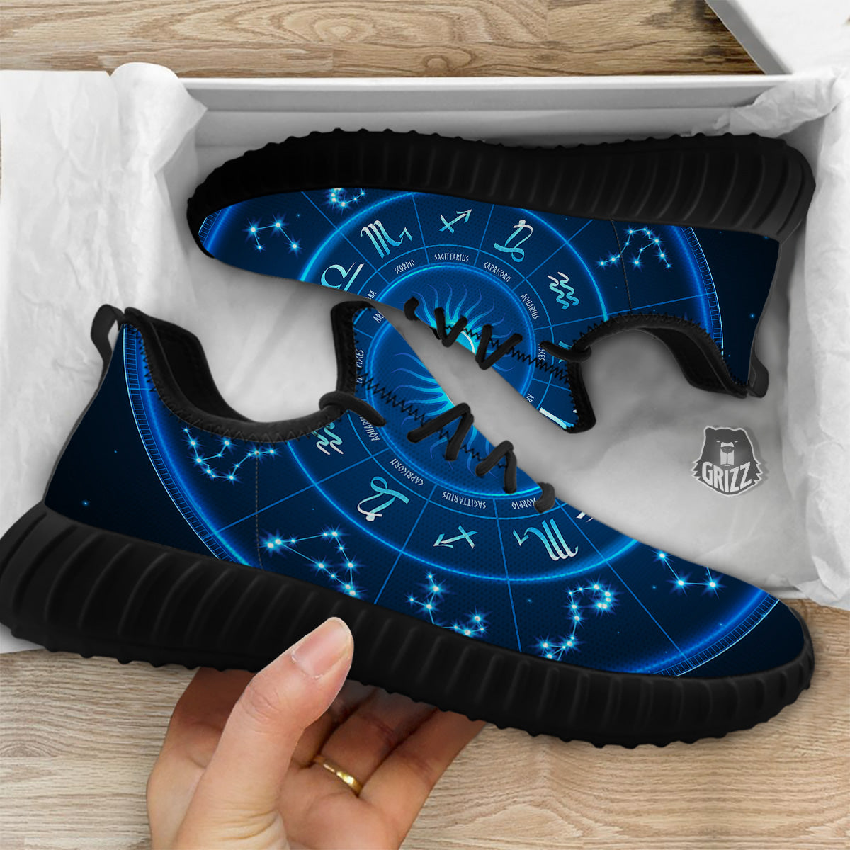 Zodiac Circle Blue Light Print Black Walking Shoes-grizzshop