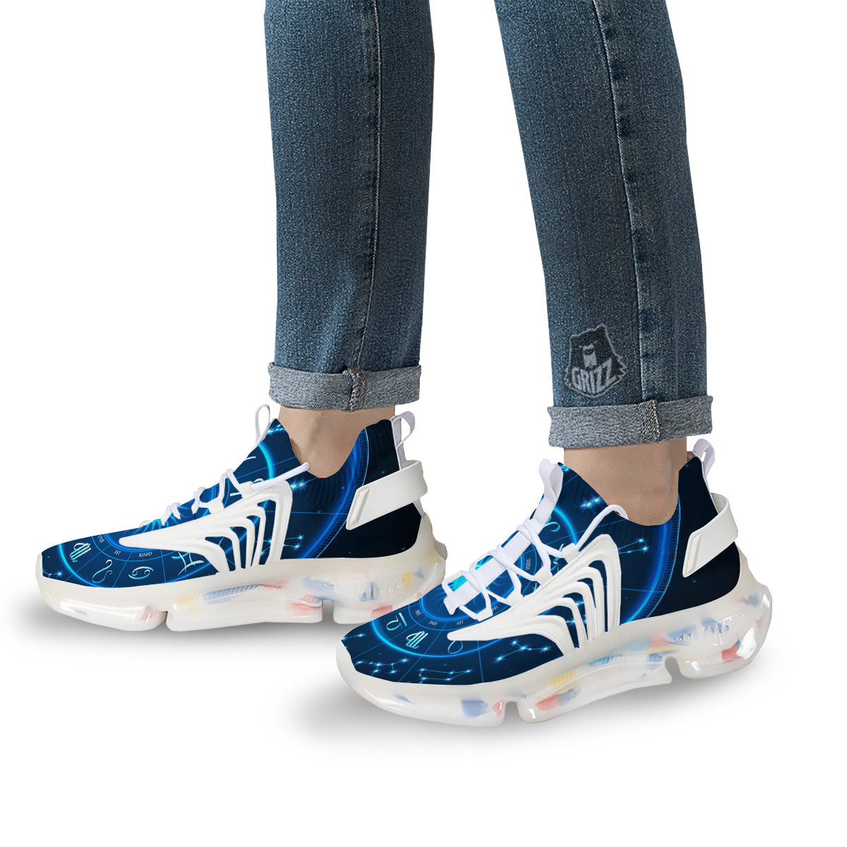 Zodiac Circle Blue Light Print White Gym Shoes-grizzshop
