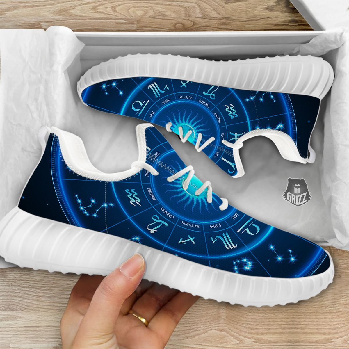 Zodiac Circle Blue Light Print White Walking Shoes-grizzshop