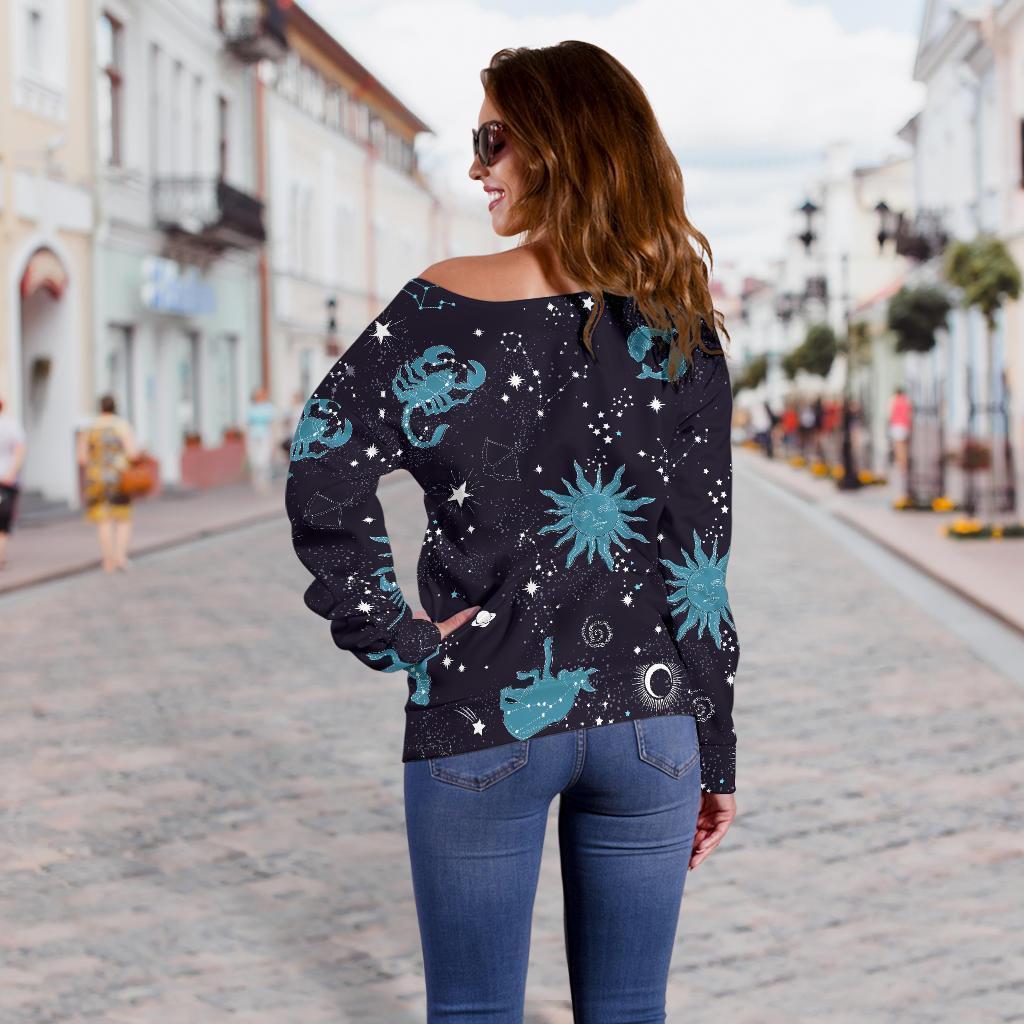 Zodiac Constellation Pattern Print Women Off Shoulder Sweatshirt-grizzshop