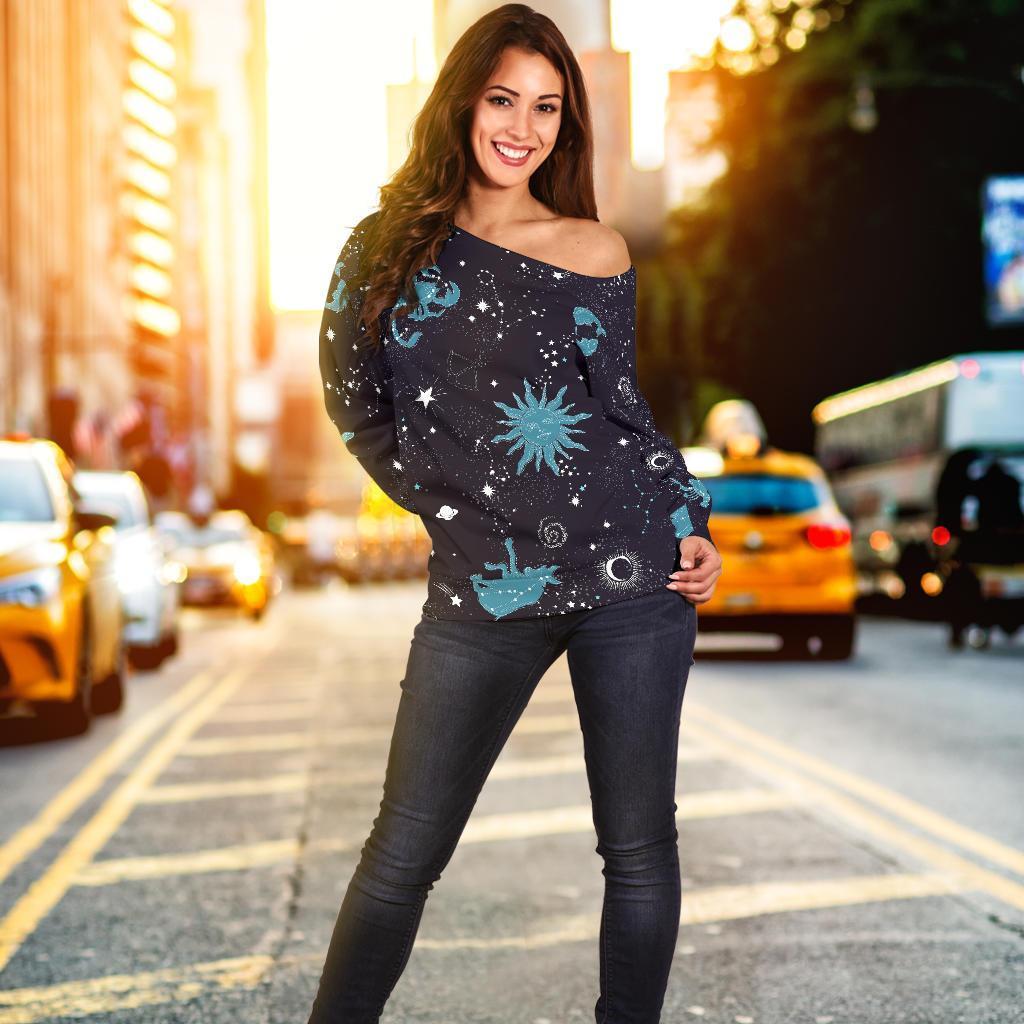 Zodiac Constellation Pattern Print Women Off Shoulder Sweatshirt-grizzshop