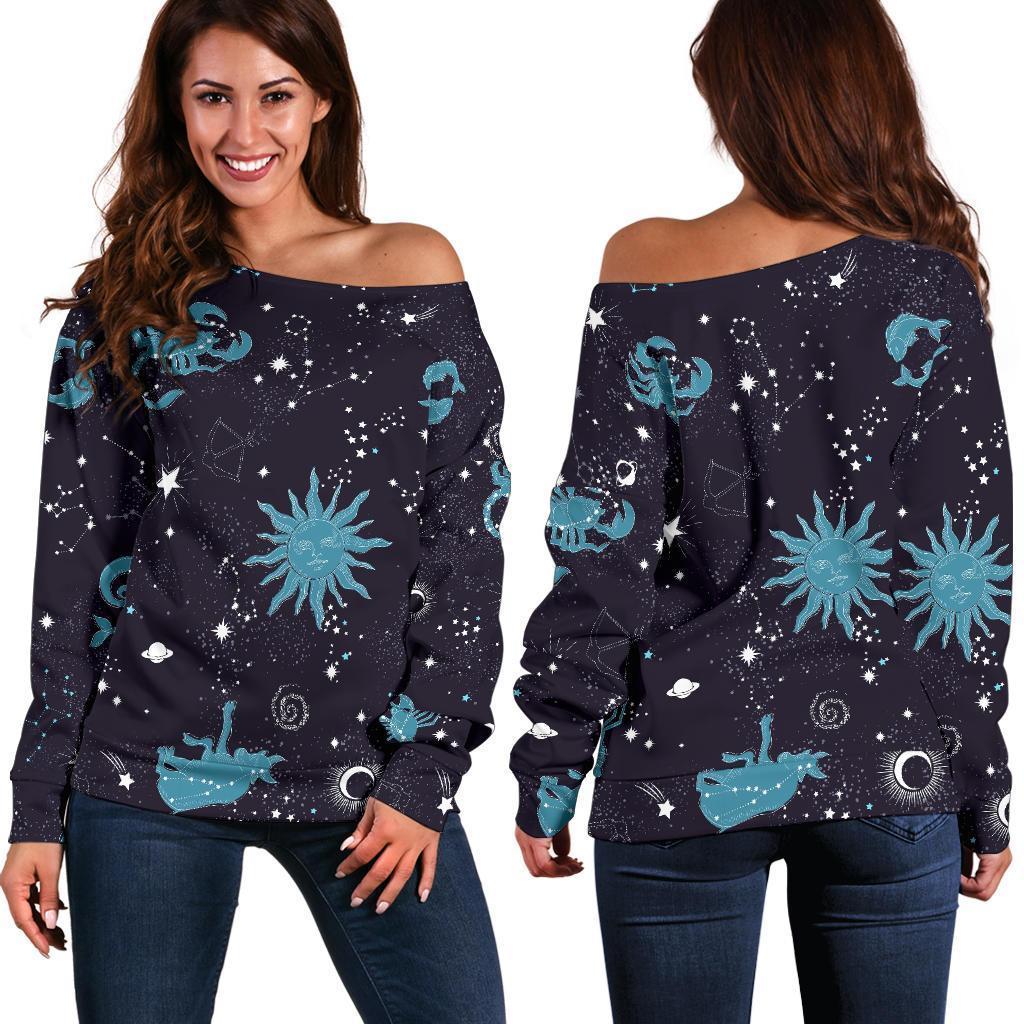Zodiac Constellation Pattern Print Women Off Shoulder Sweatshirt-grizzshop
