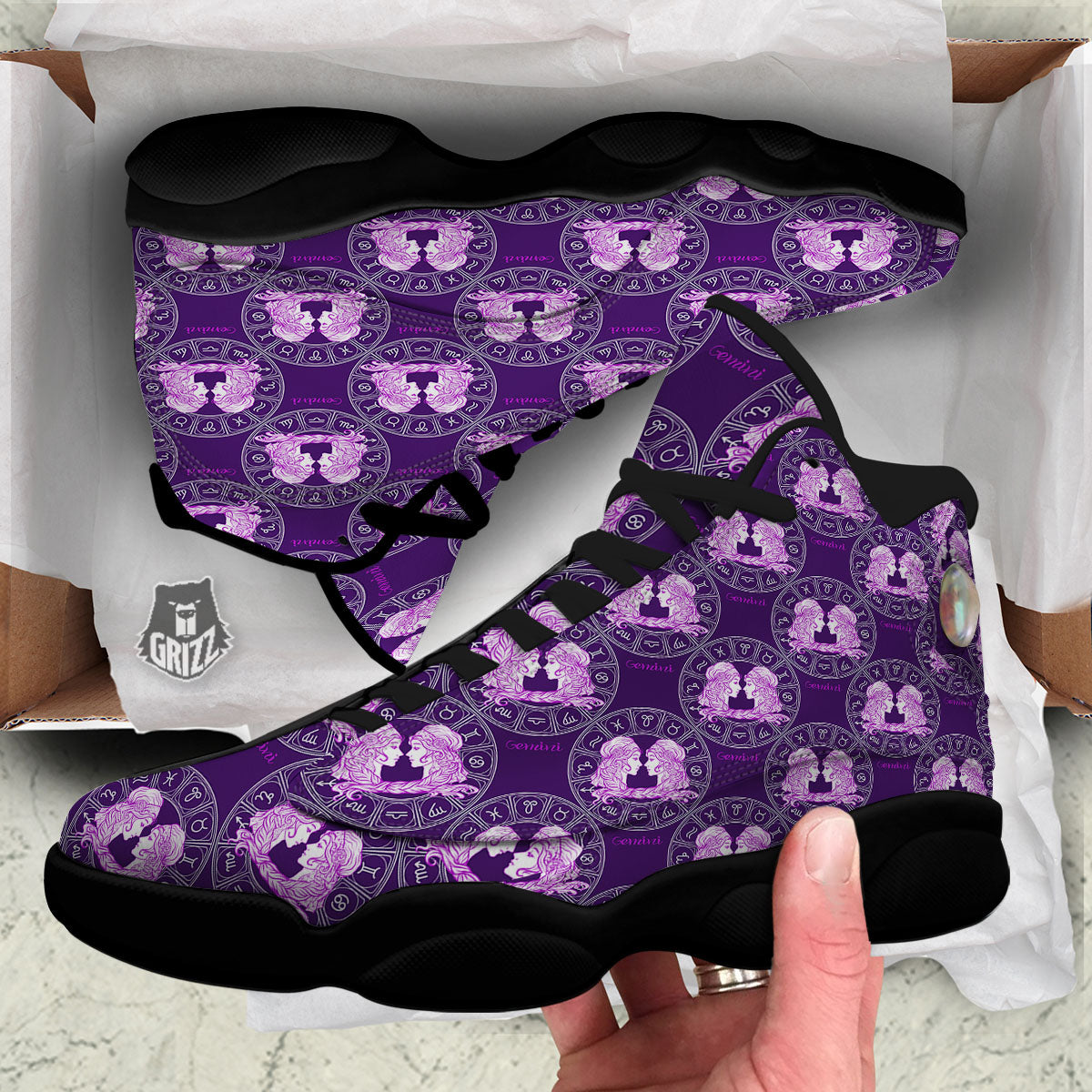 Zodiac Gemini Purple Print Pattern Black Basketball Shoes-grizzshop