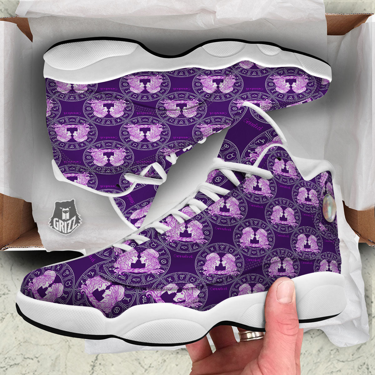 Zodiac Gemini Purple Print Pattern White Basketball Shoes-grizzshop