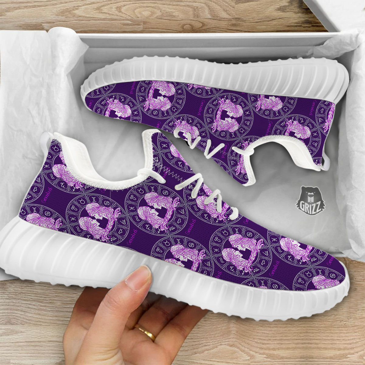 Zodiac Gemini Purple Print Pattern White Walking Shoes-grizzshop
