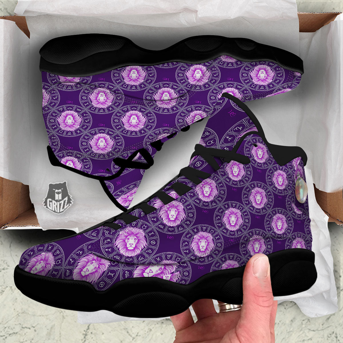 Zodiac Leo Purple Print Pattern Black Basketball Shoes-grizzshop