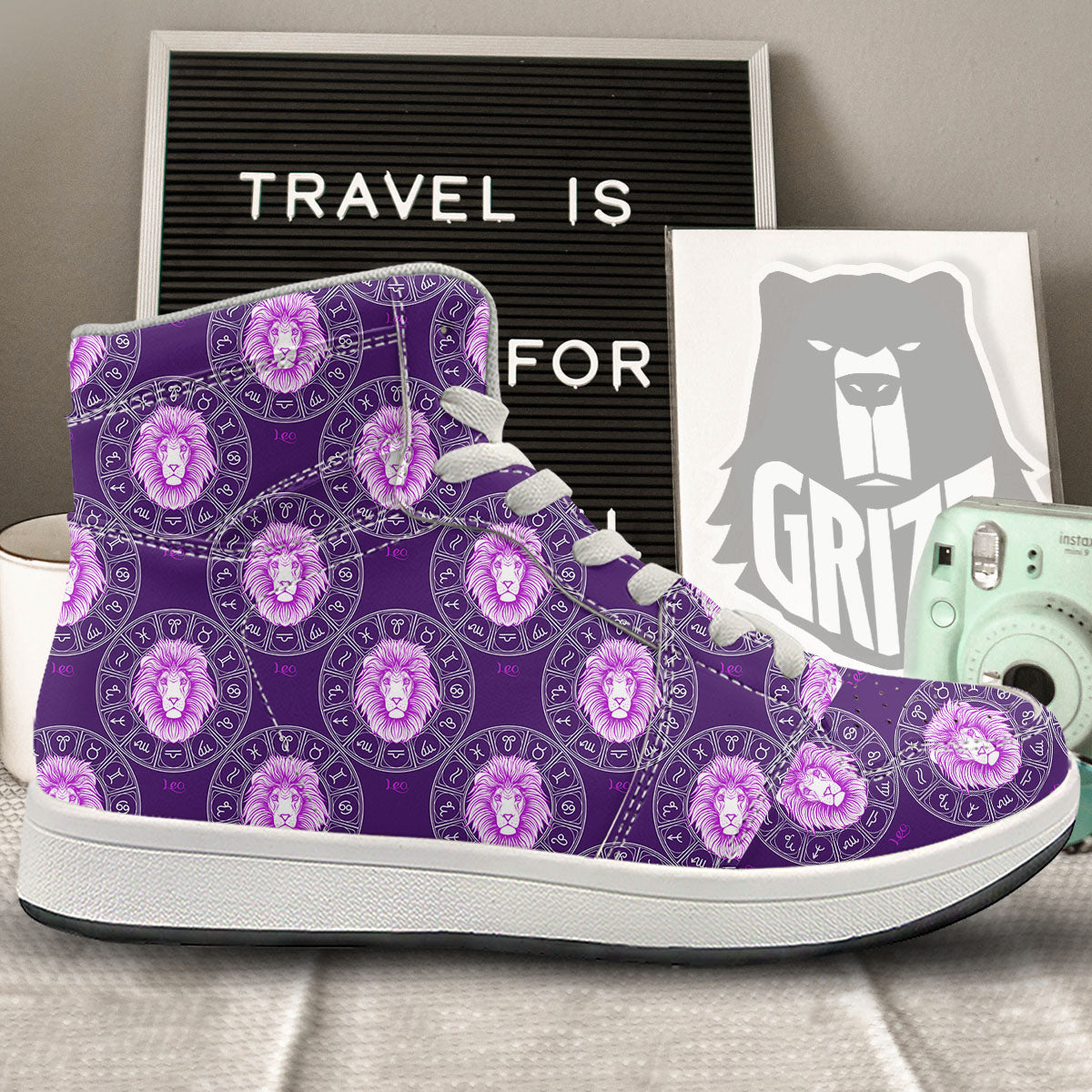 Zodiac Leo Purple Print Pattern High Top Sneakers-grizzshop