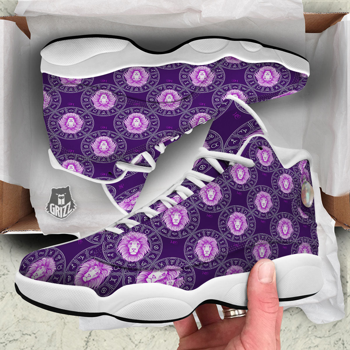 Zodiac Leo Purple Print Pattern White Basketball Shoes-grizzshop