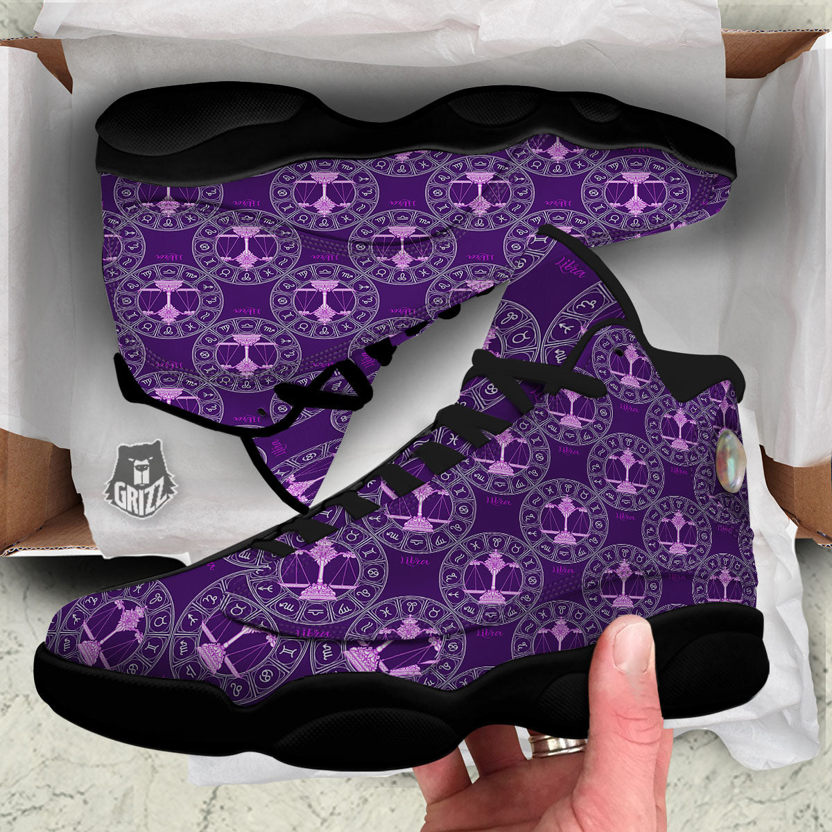 Zodiac Libra Purple Print Pattern Black Basketball Shoes-grizzshop