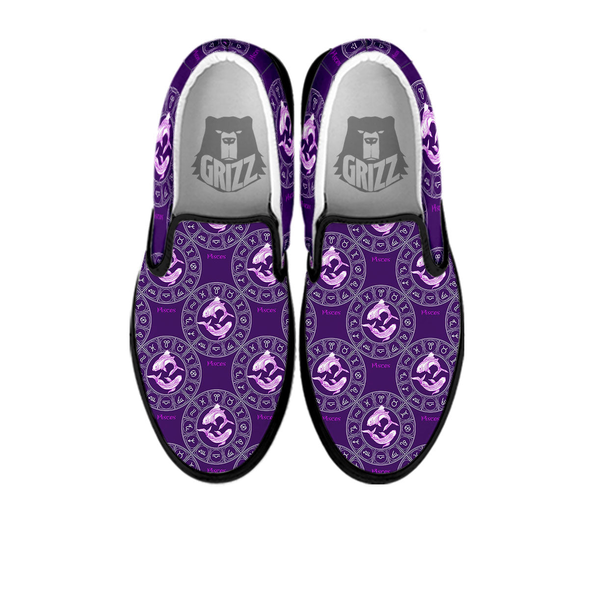Zodiac Pisces Purple Print Pattern Black Slip On Shoes-grizzshop