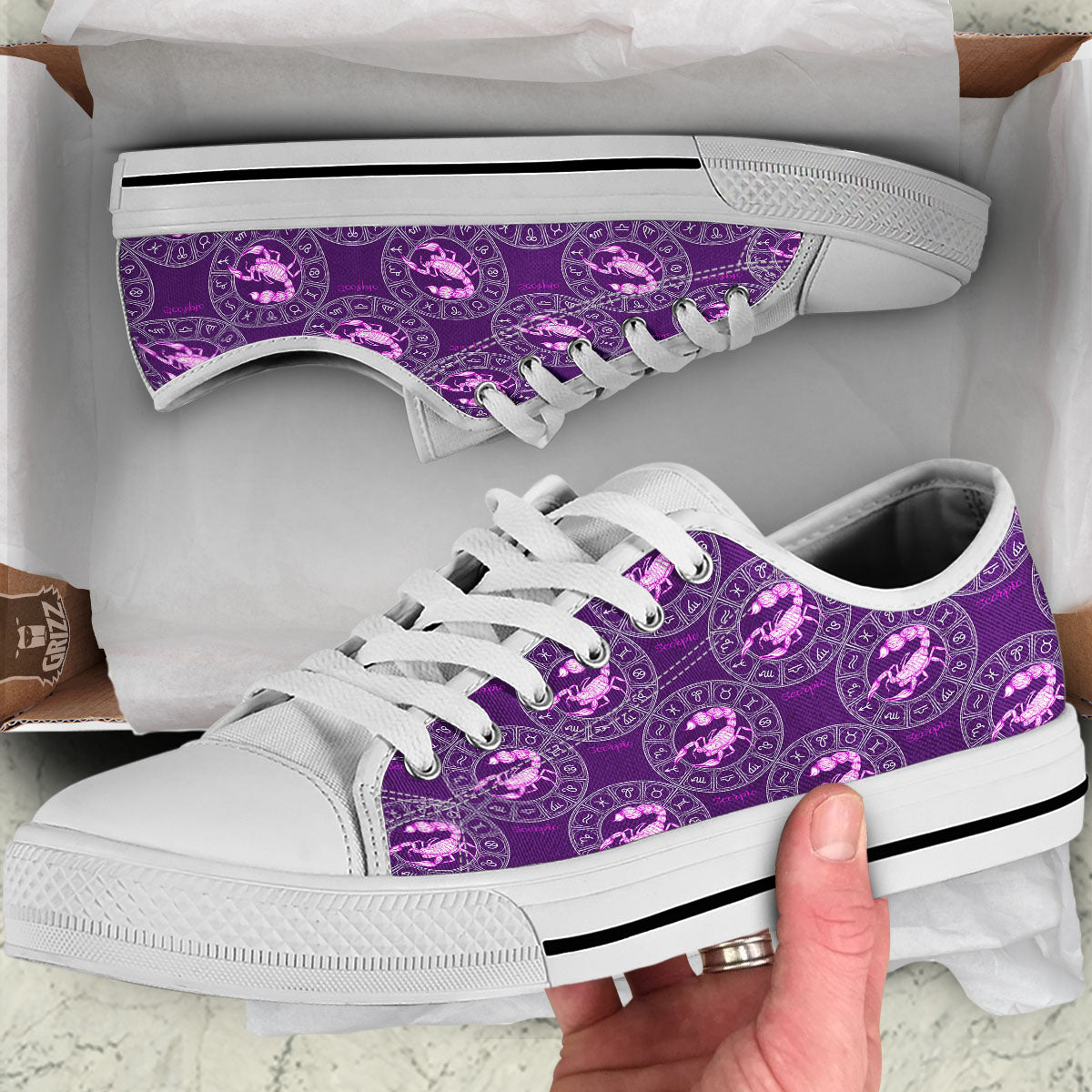 Zodiac Scorpio Purple Print Pattern White Low Top Shoes-grizzshop