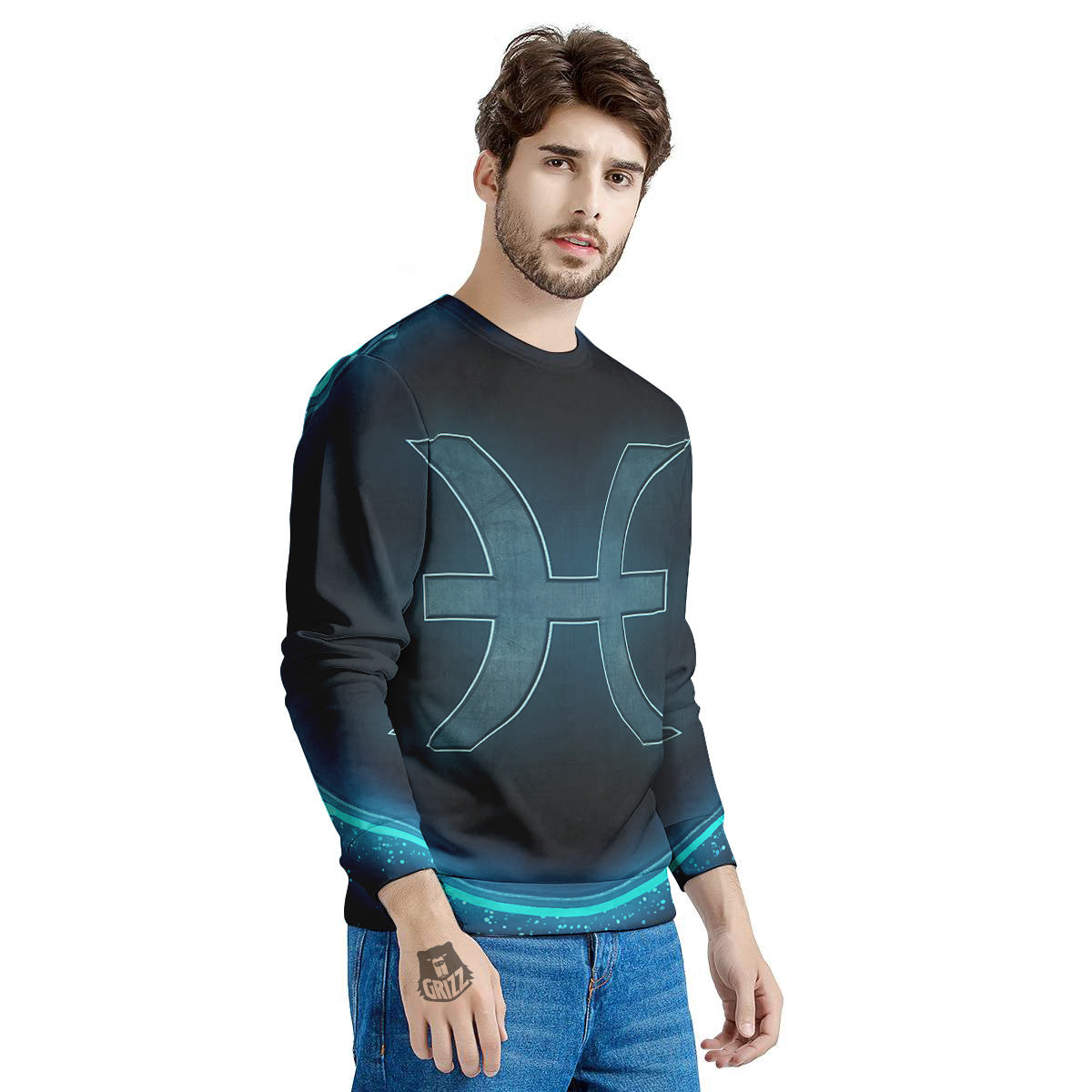 Zodiac Sign Blue Pisces Print Men's Sweatshirt-grizzshop